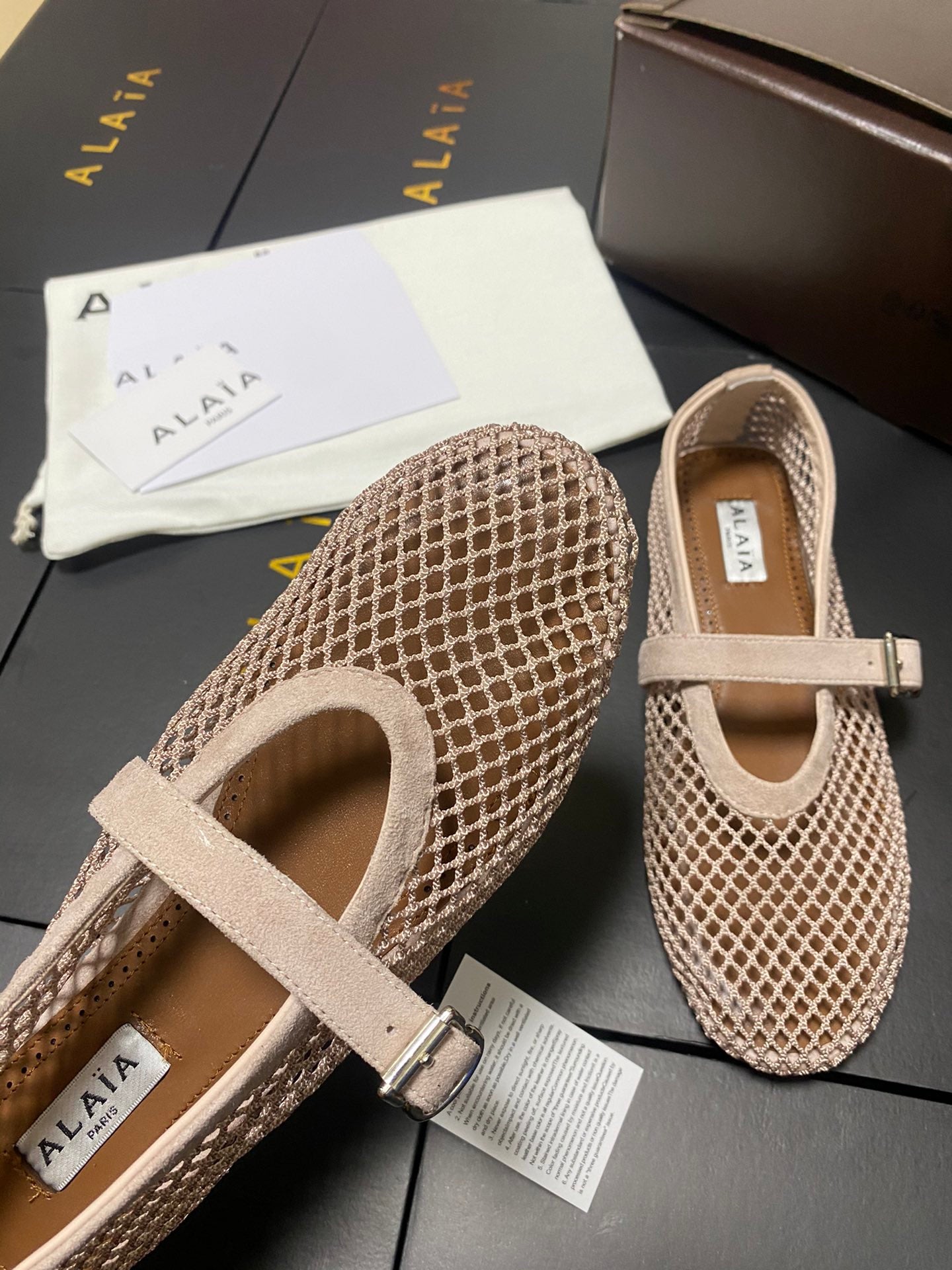 Alaia 2026 Laminated Fishnet Ballet Flats Beige Suede Mesh 361163