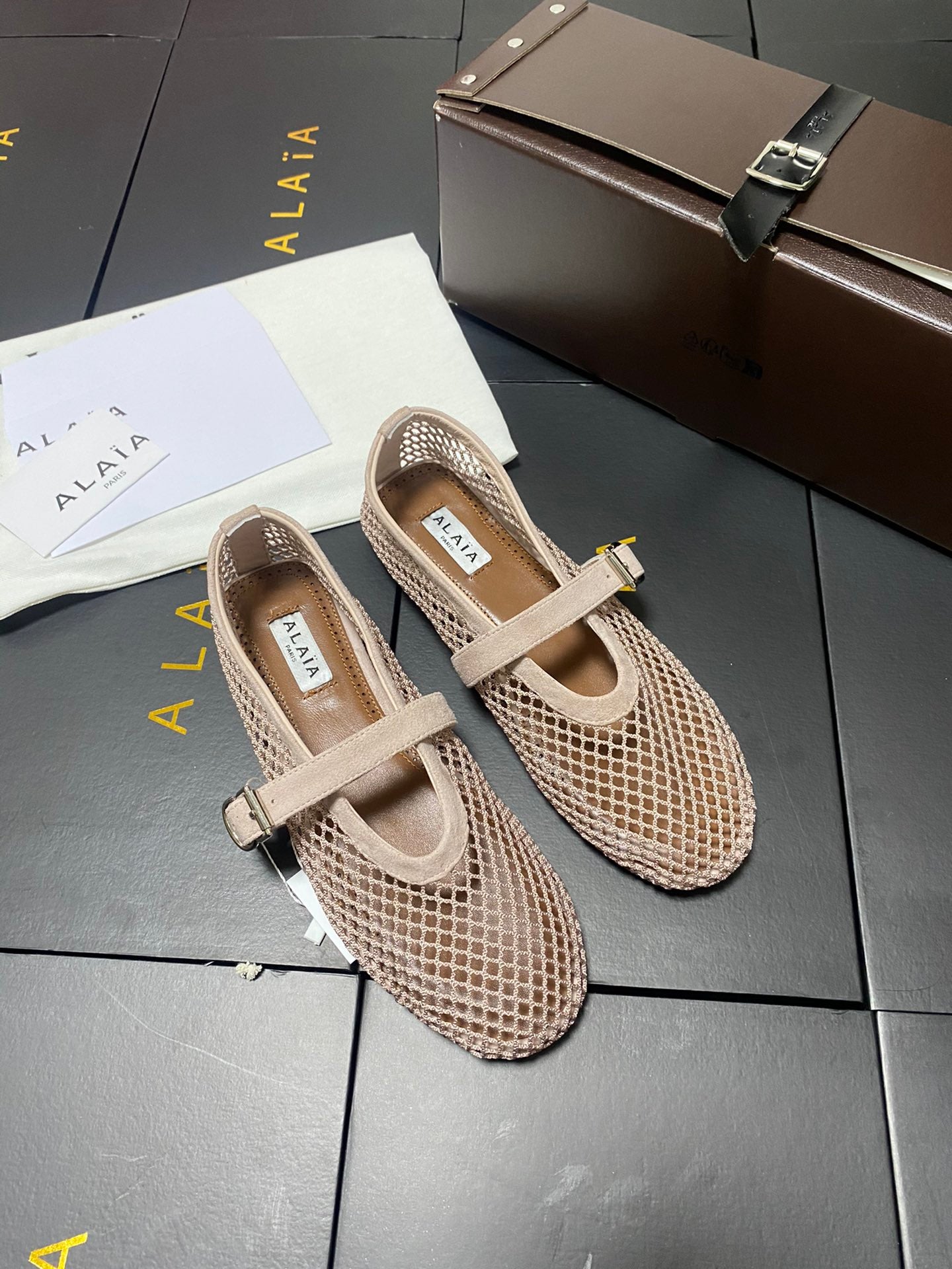 Alaia 2026 Laminated Fishnet Ballet Flats Beige Suede Mesh 361163