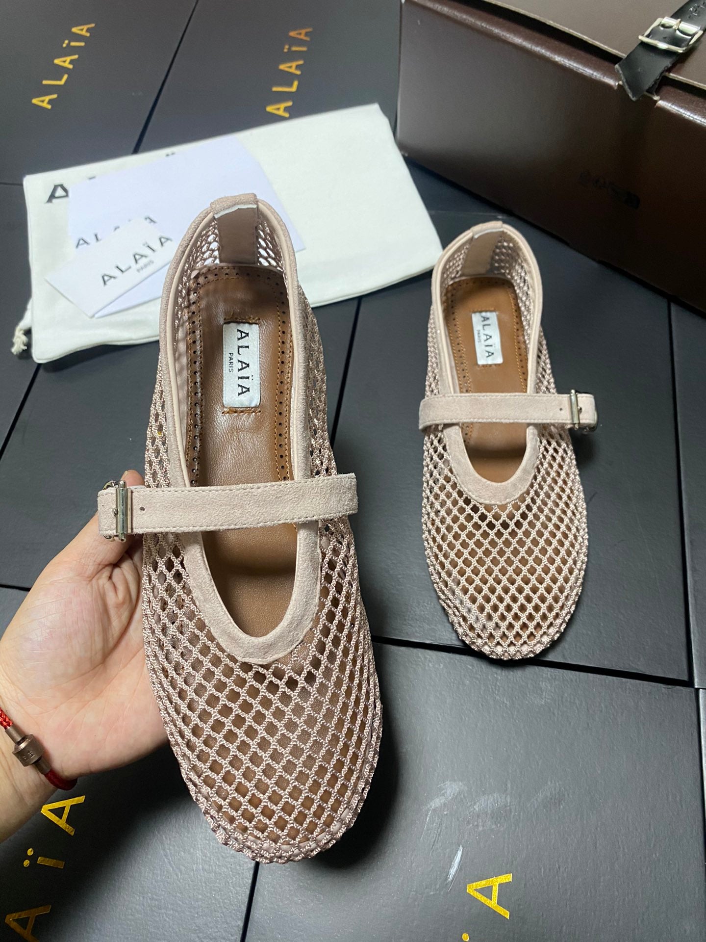 Alaia 2026 Laminated Fishnet Ballet Flats Beige Suede Mesh 361163