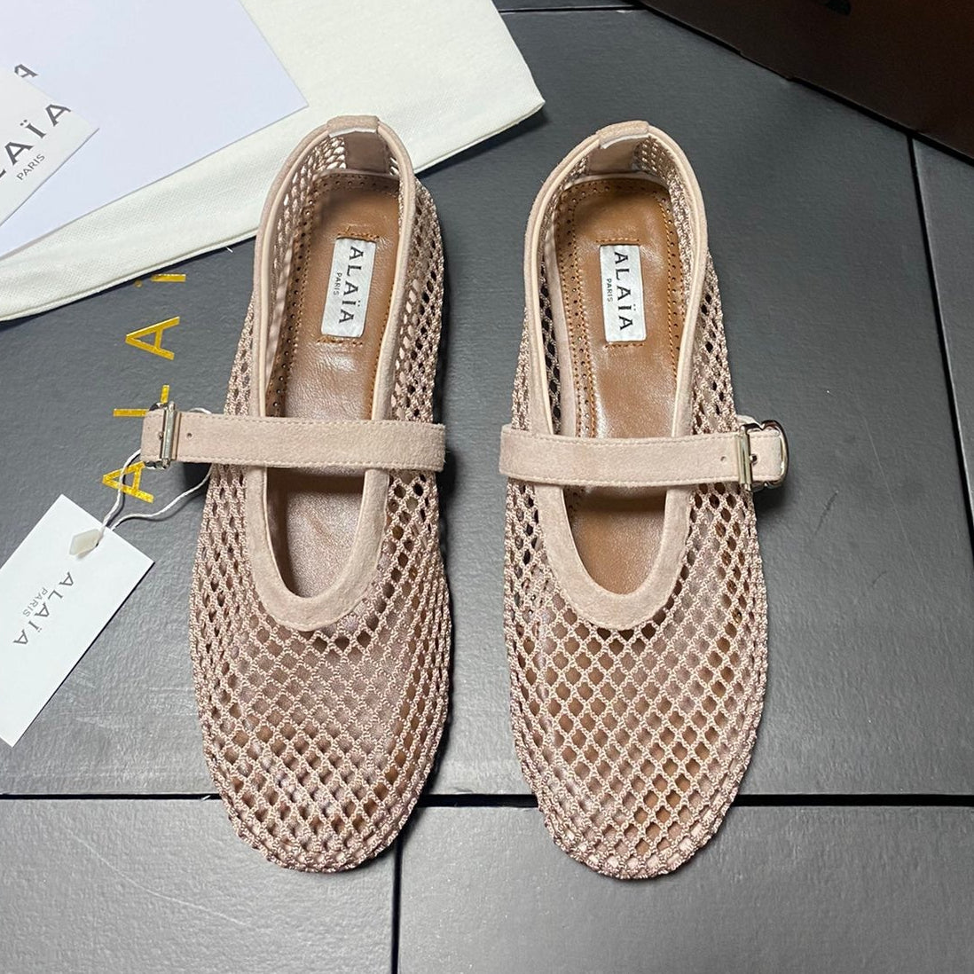 Alaia 2026 Laminated Fishnet Ballet Flats Beige Suede Mesh 361163