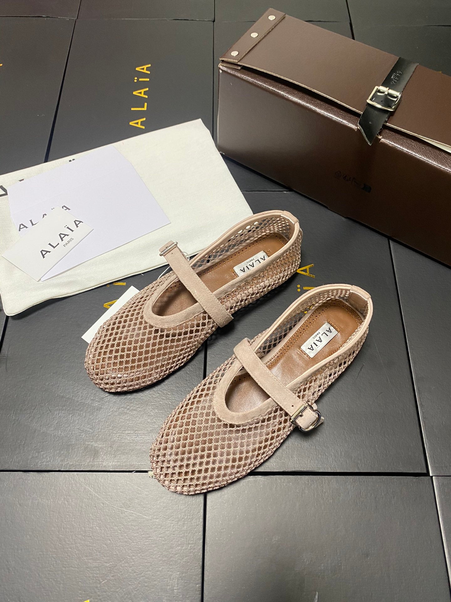 Alaia 2026 Laminated Fishnet Ballet Flats Beige Suede Mesh 361163