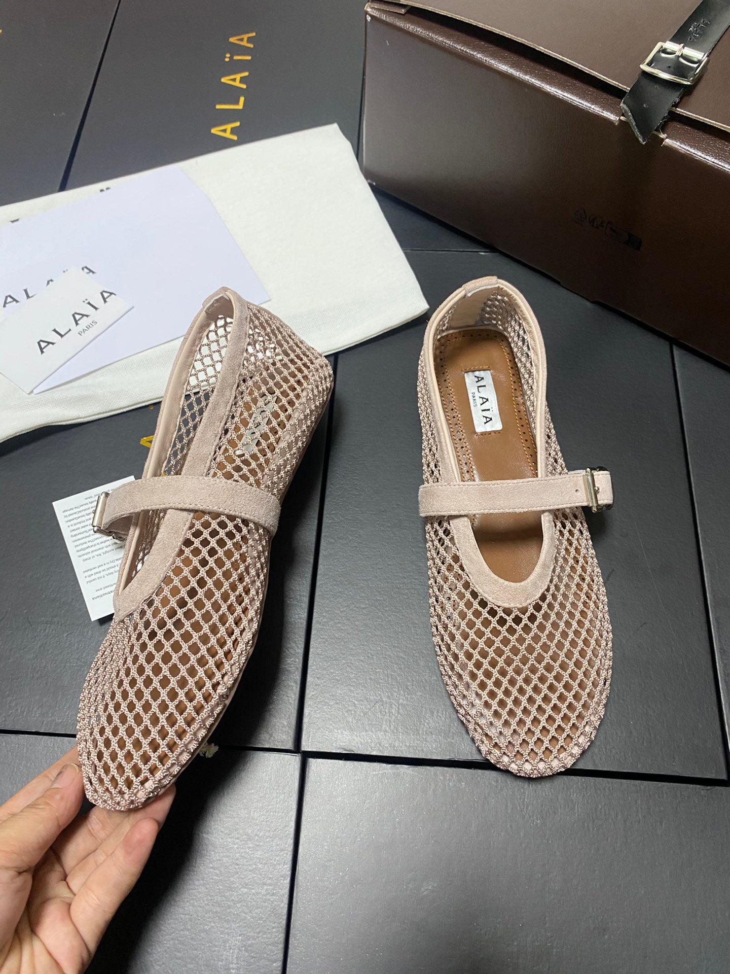 Alaia 2026 Laminated Fishnet Ballet Flats Beige Suede Mesh 361163