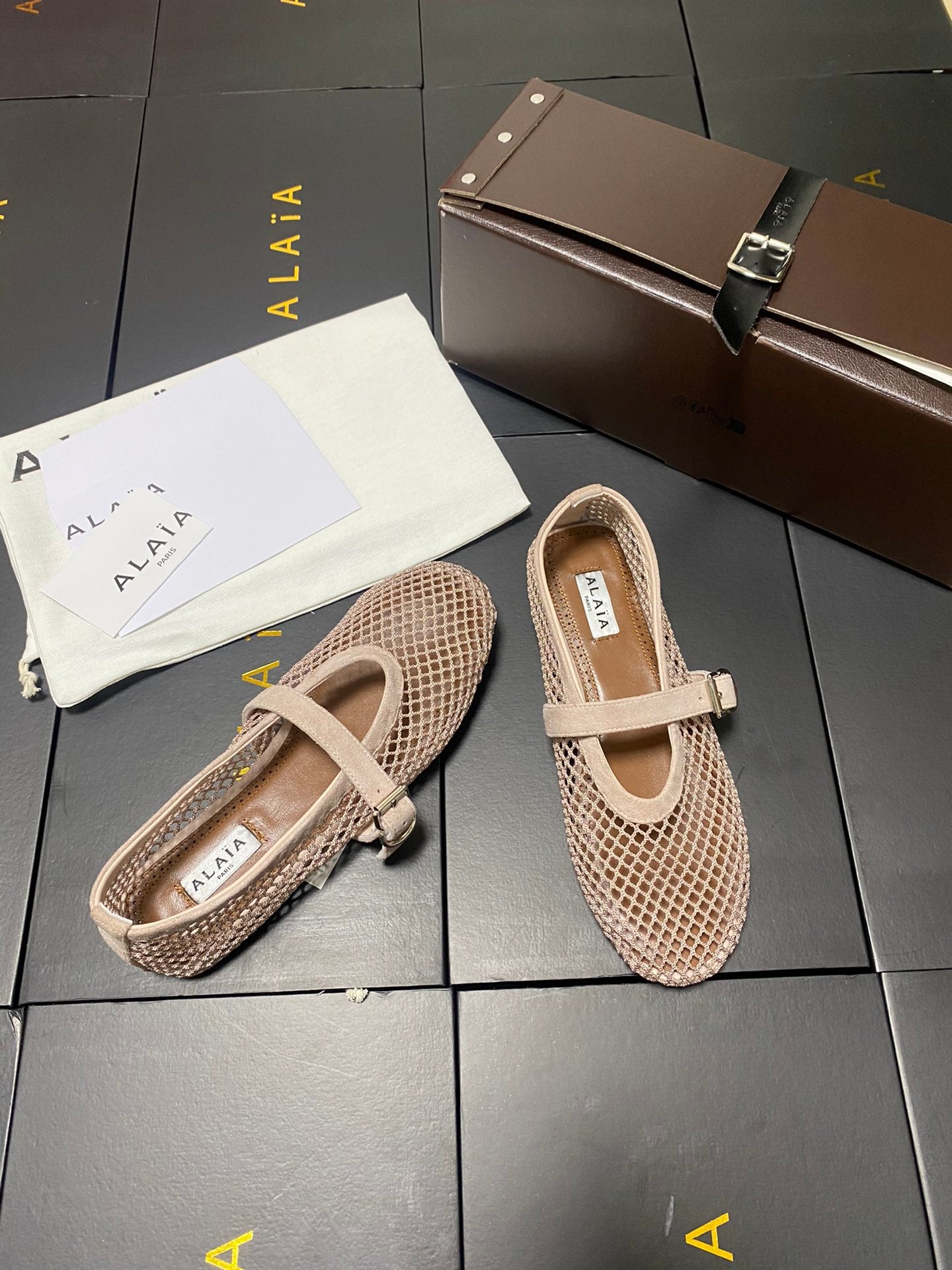 Alaia 2026 Laminated Fishnet Ballet Flats Beige Suede Mesh 361163