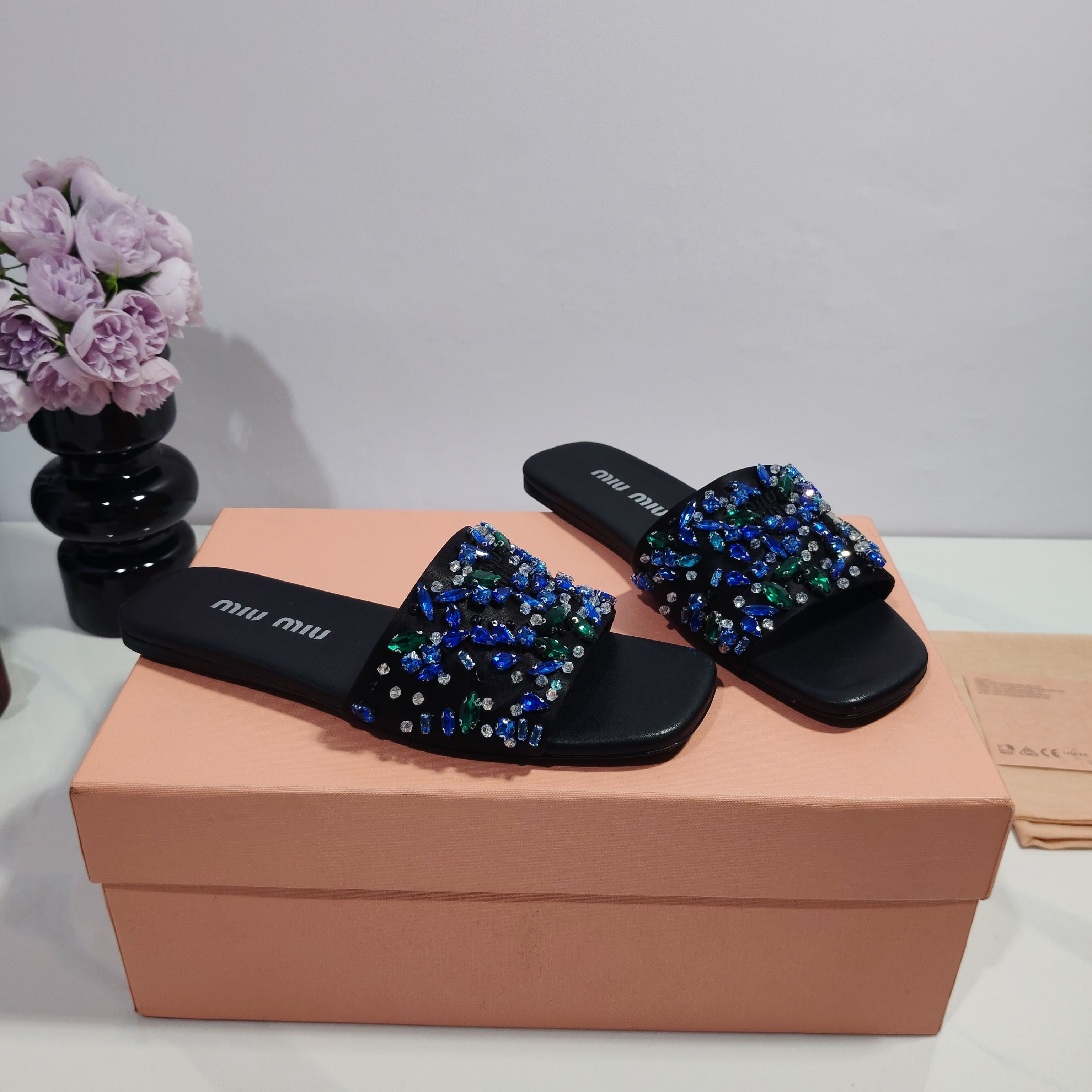 Miumiu 2026 Crystal Embellished Slide Sandals Satin 941769