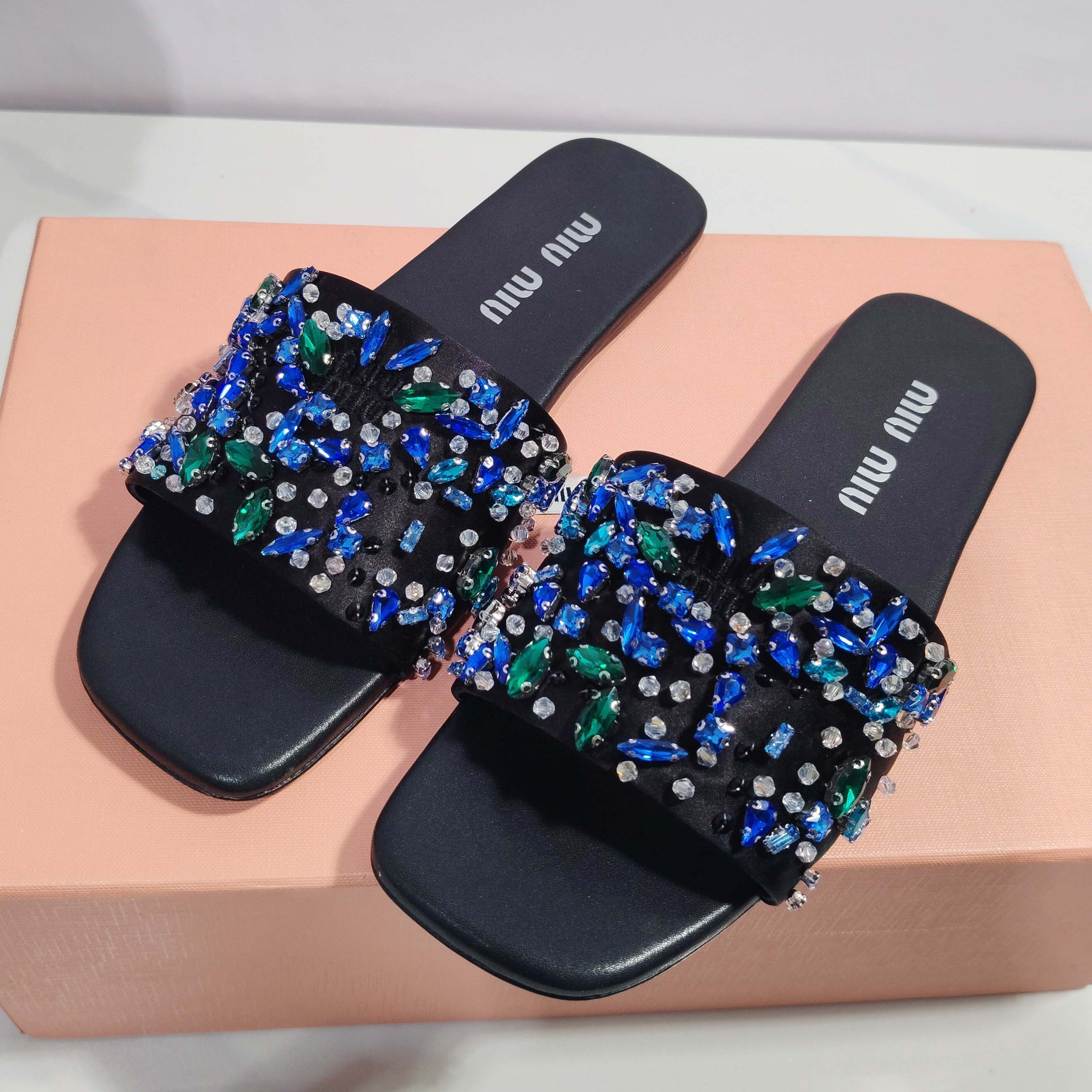 Miumiu 2026 Crystal Embellished Slide Sandals Satin 941769