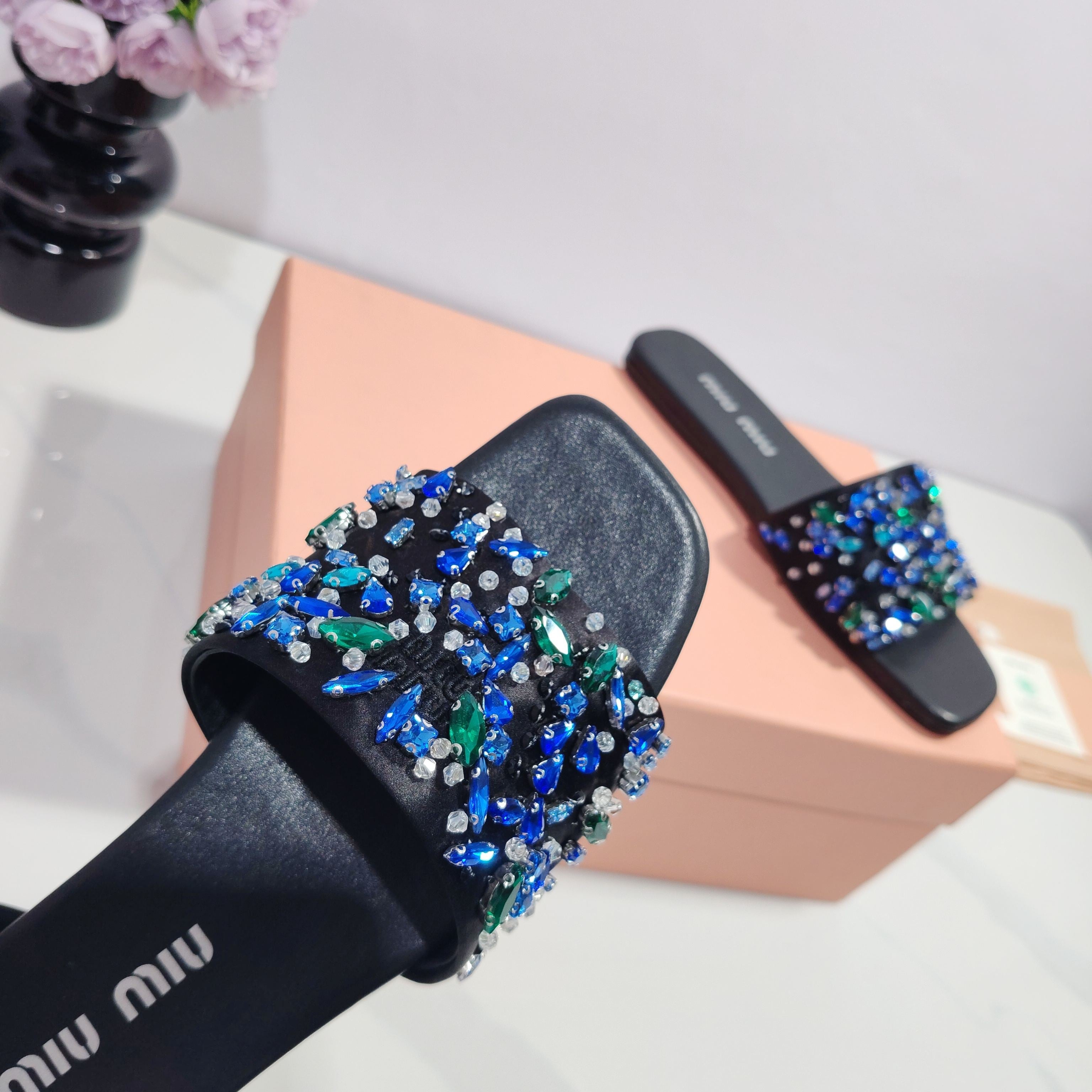 Miumiu 2026 Crystal Embellished Slide Sandals Satin 941769