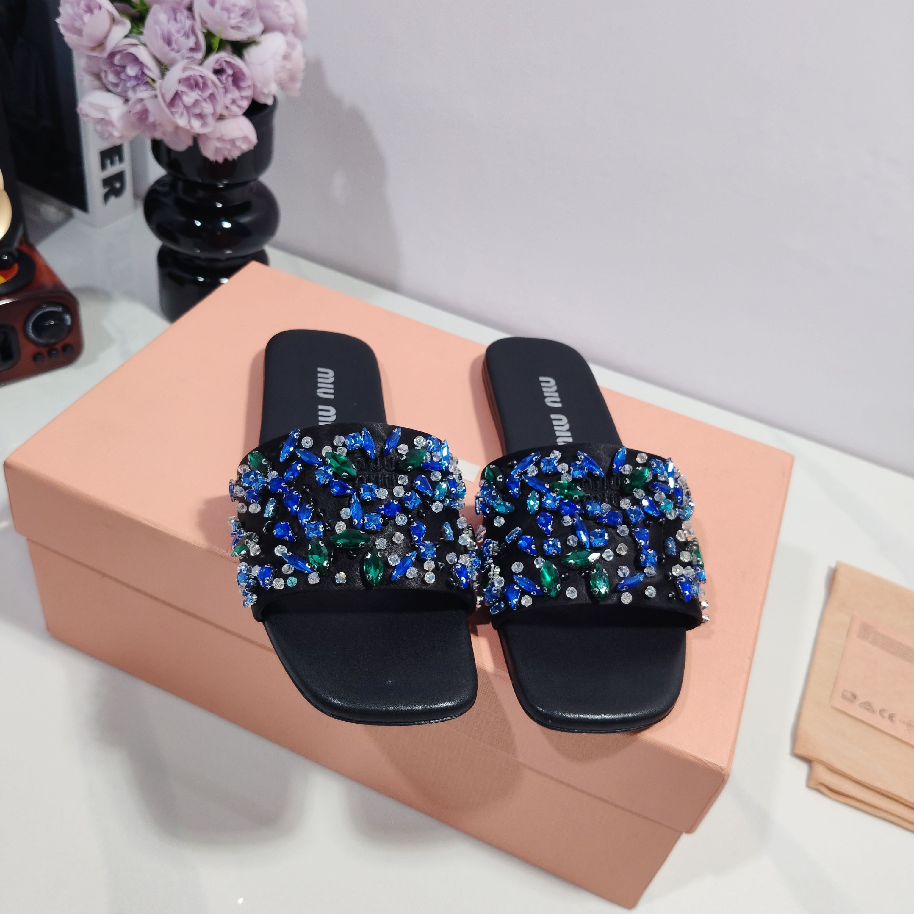 Miumiu 2026 Crystal Embellished Slide Sandals Satin 941769