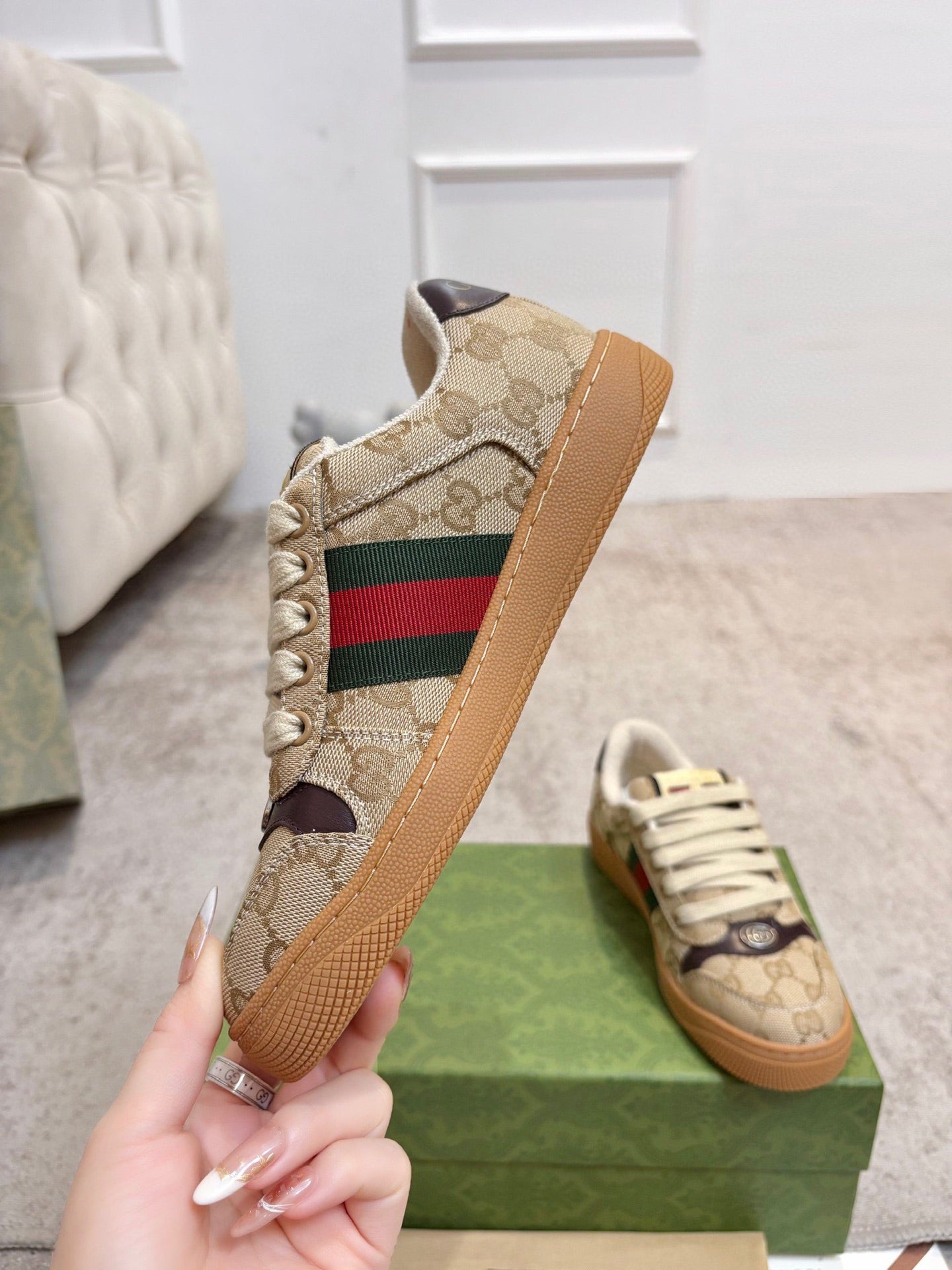 GG 26ss Screener Sneaker Beige Brown Canvas Cowhide 697183