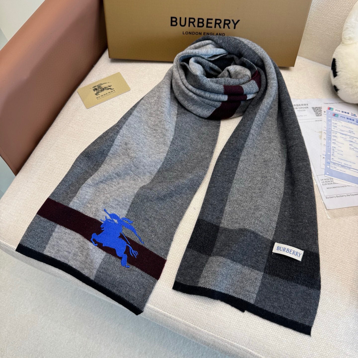 BBR Classic Embroidered Scarf 185CM Gray Black Cashmere 292807