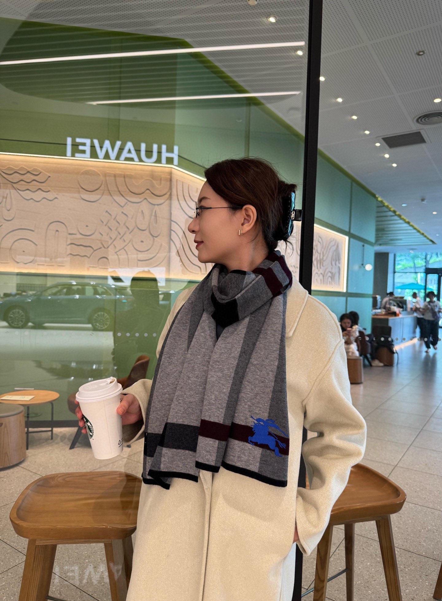 BBR Classic Embroidered Scarf 185CM Gray Black Cashmere 292807