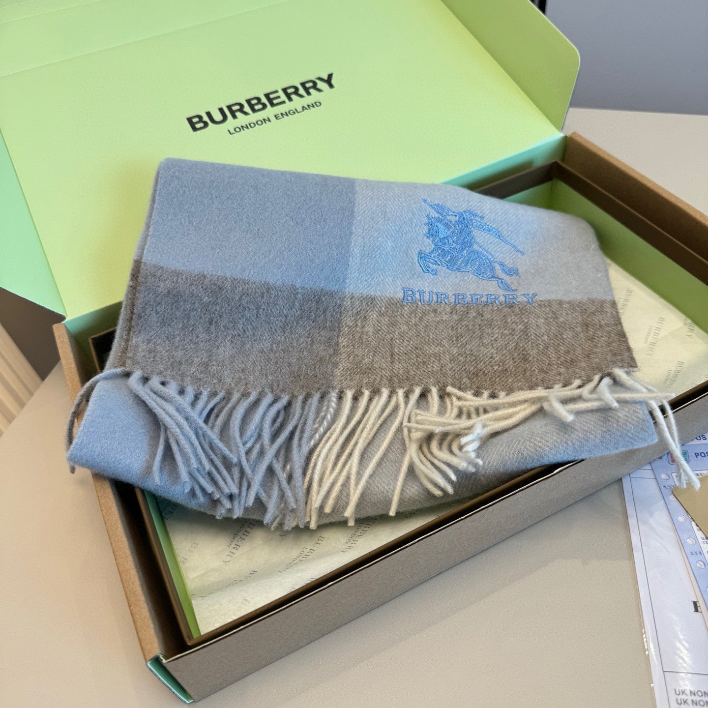 BBR Classic Embroidered Scarf 185CM Light Blue Cashmere 292813