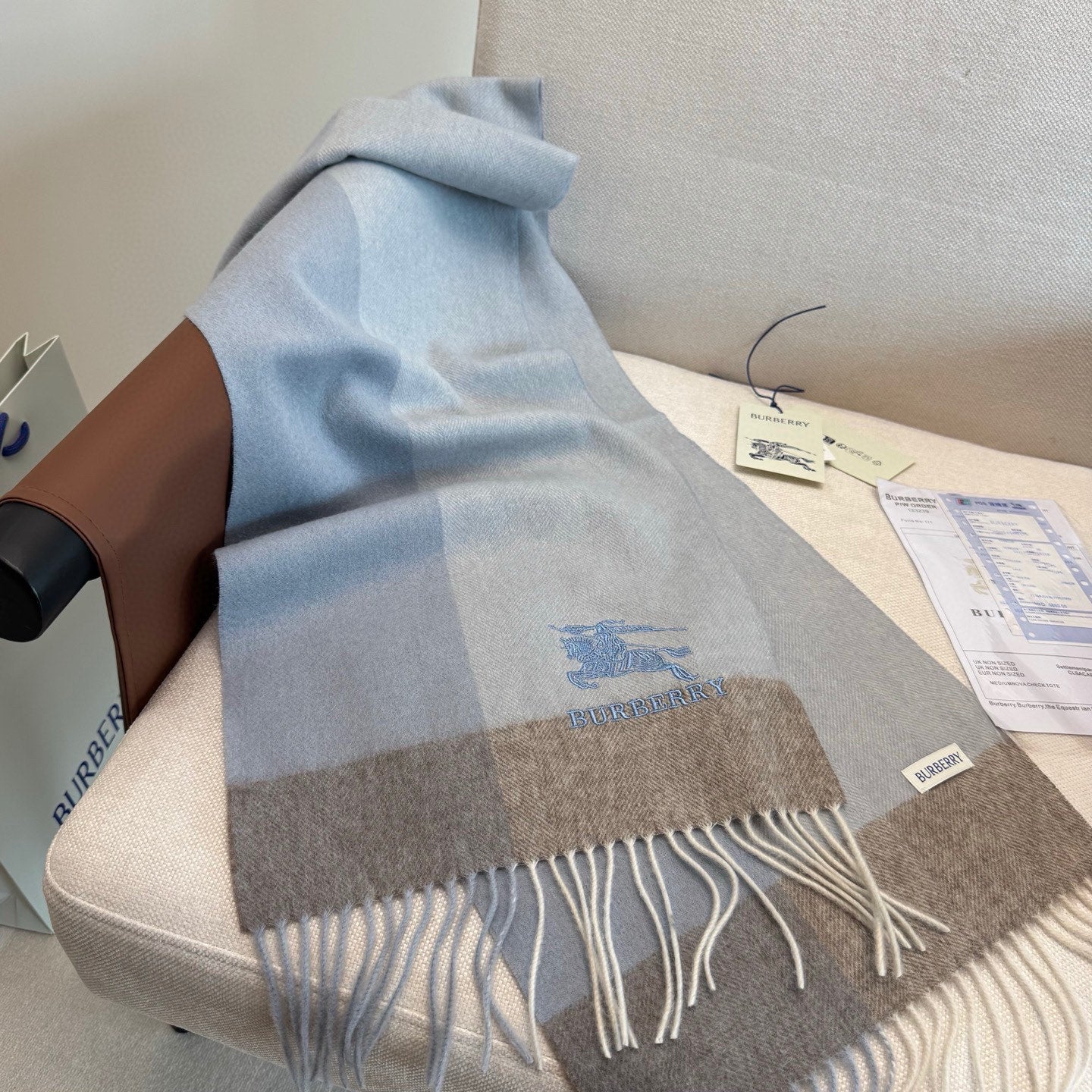 BBR Classic Embroidered Scarf 185CM Light Blue Cashmere 292813