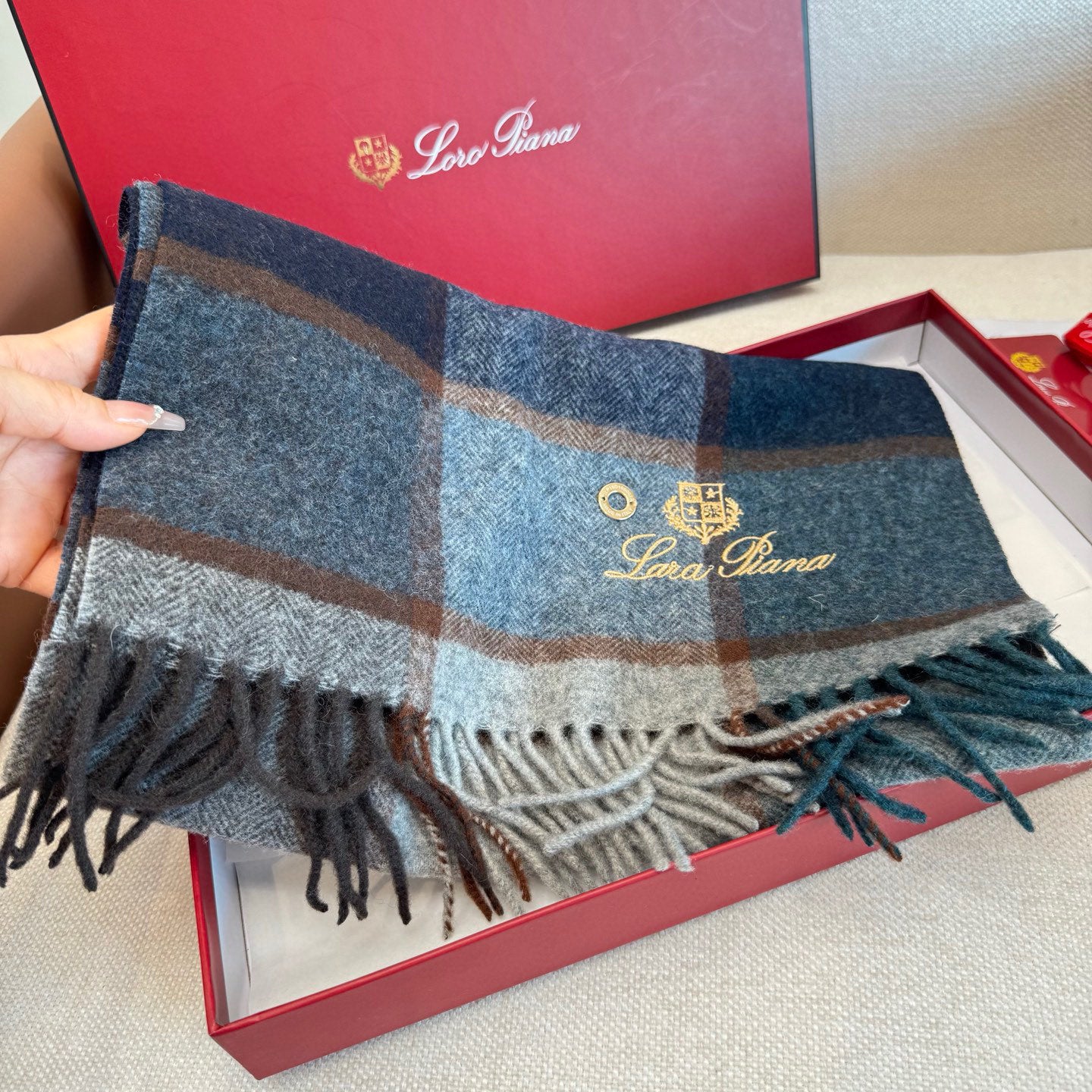 BBR Classic Embroidered Scarf 185CM Blue Cashmere 292819
