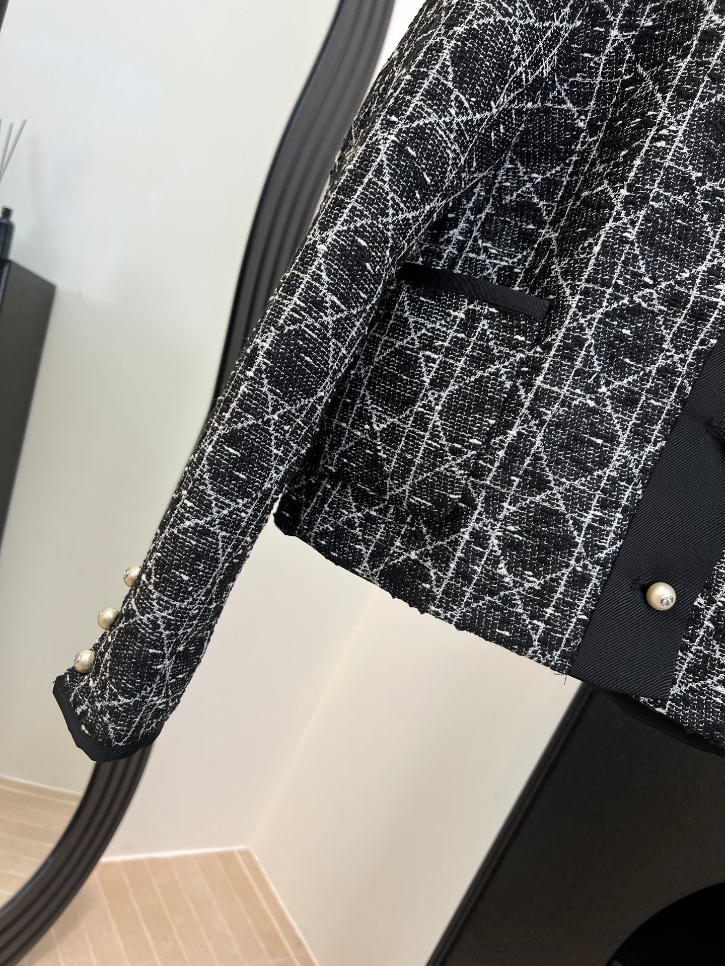 Dior 2025  Cannage Tweed Jacket with Pearl Buttons Black White Cotton
