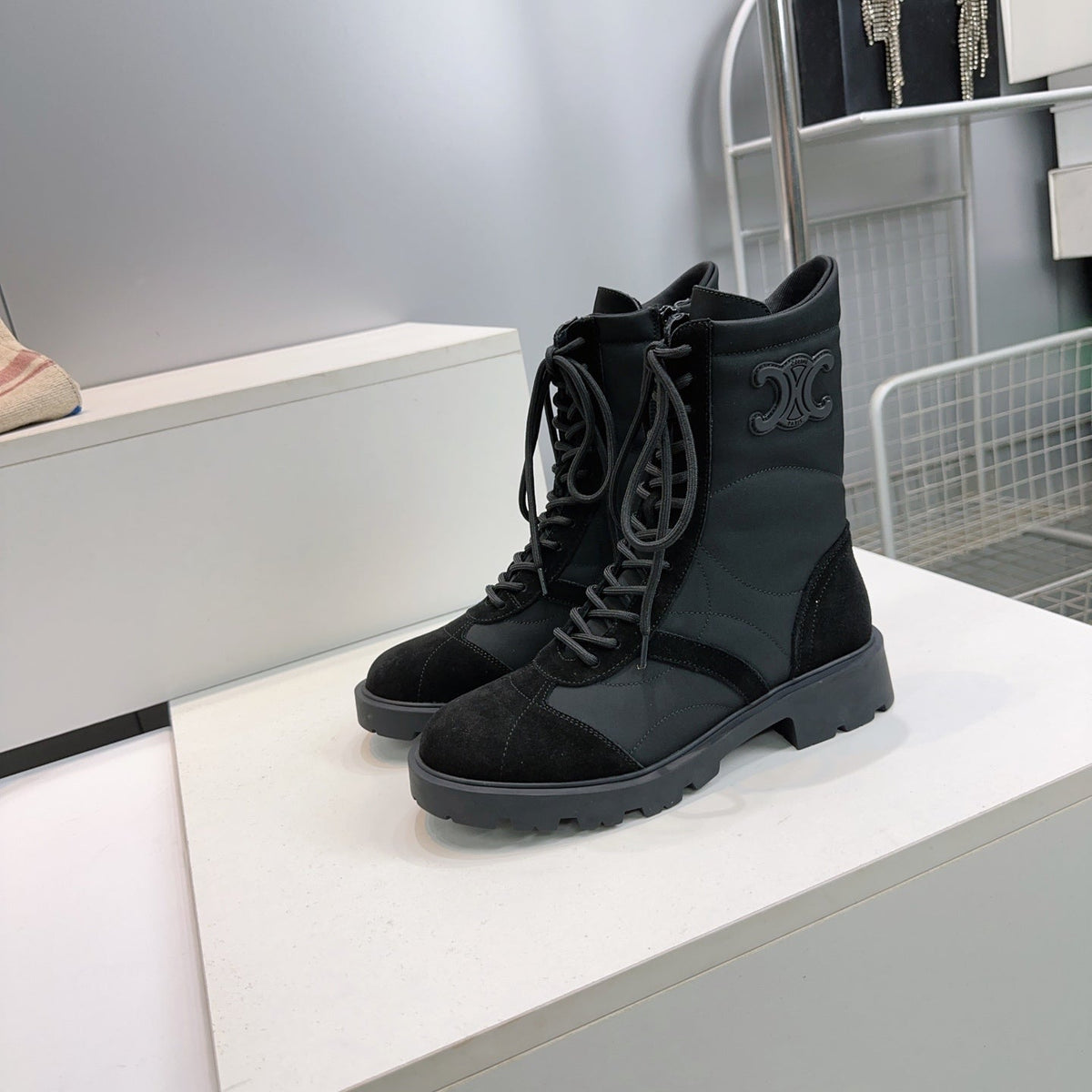 Celine 2026 Margaret Lace-Up Boots Black Suede 107299