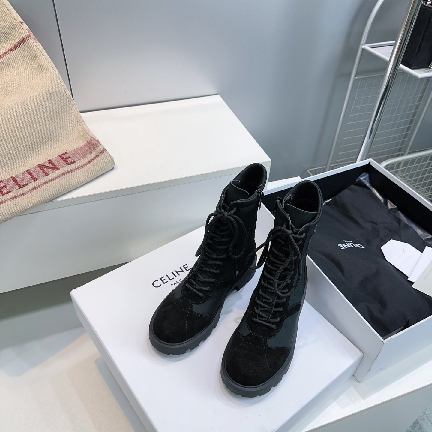 Celine 2026 Margaret Lace-Up Boots Black Suede 107299