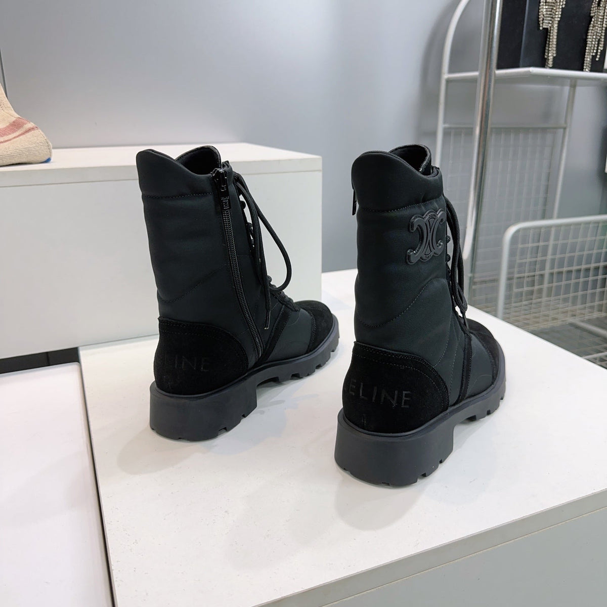 Celine 2026 Margaret Lace-Up Boots Black Suede 107299