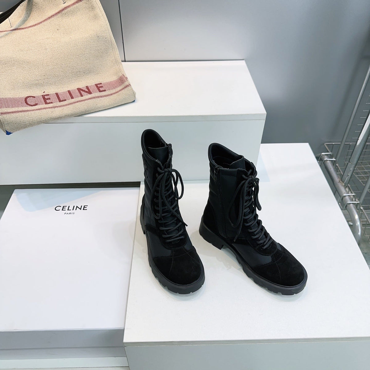 Celine 2026 Margaret Lace-Up Boots Black Suede 107299