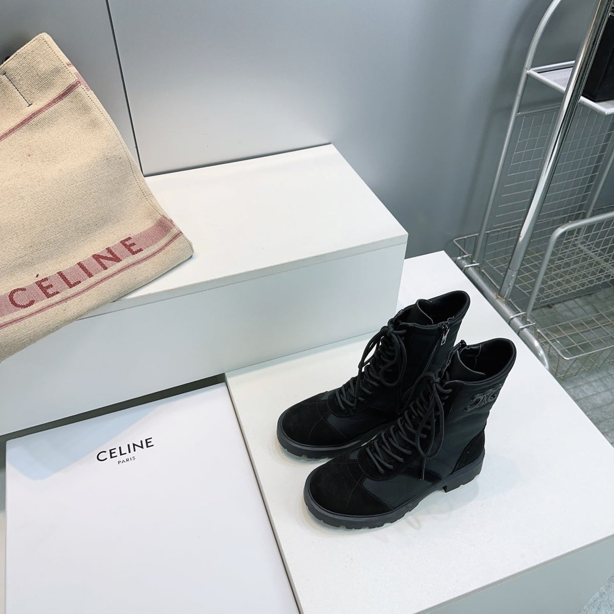 Celine 2026 Margaret Lace-Up Boots Black Suede 107299