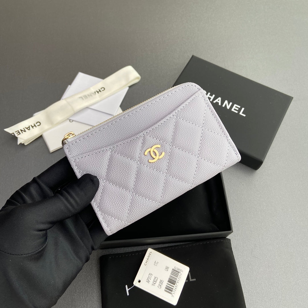 Chanel 2026 Quilted Card Holder 13cm Light Purple Grained Calfskin