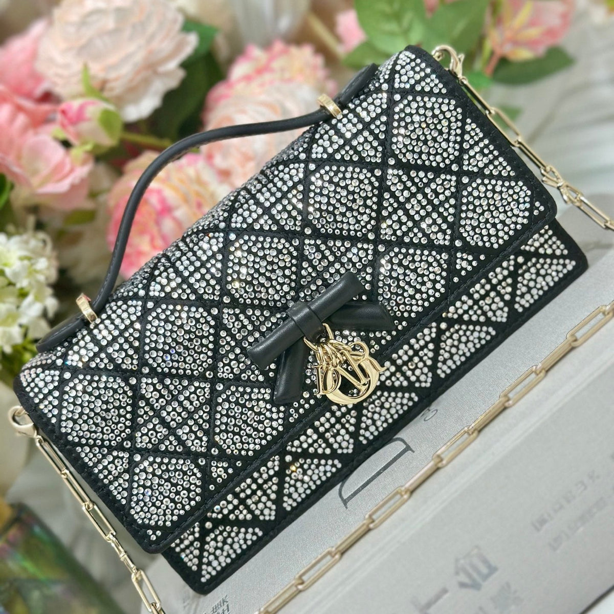 Dior 2026 My Dior Mini Bag 21cm Black Cannage Satin and Strass 405667