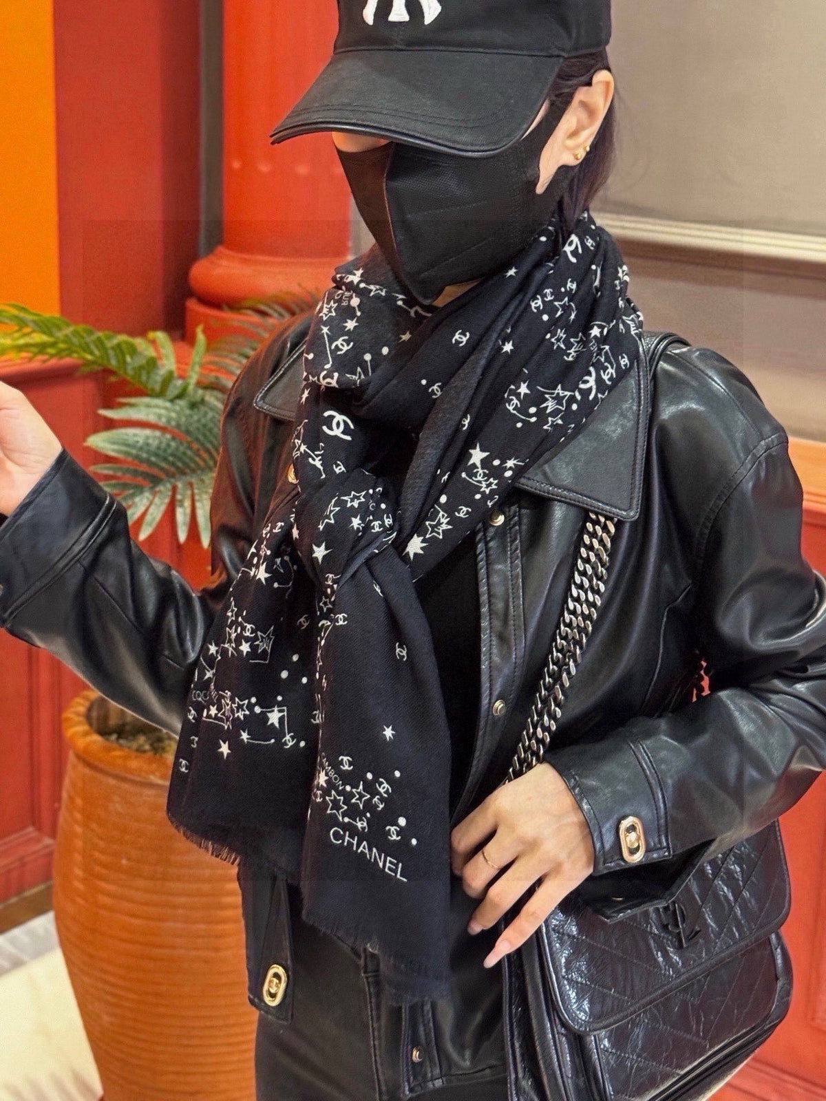 Chanel 2026 Logo Pattern Scarf 200cm Black Cashmere 211959