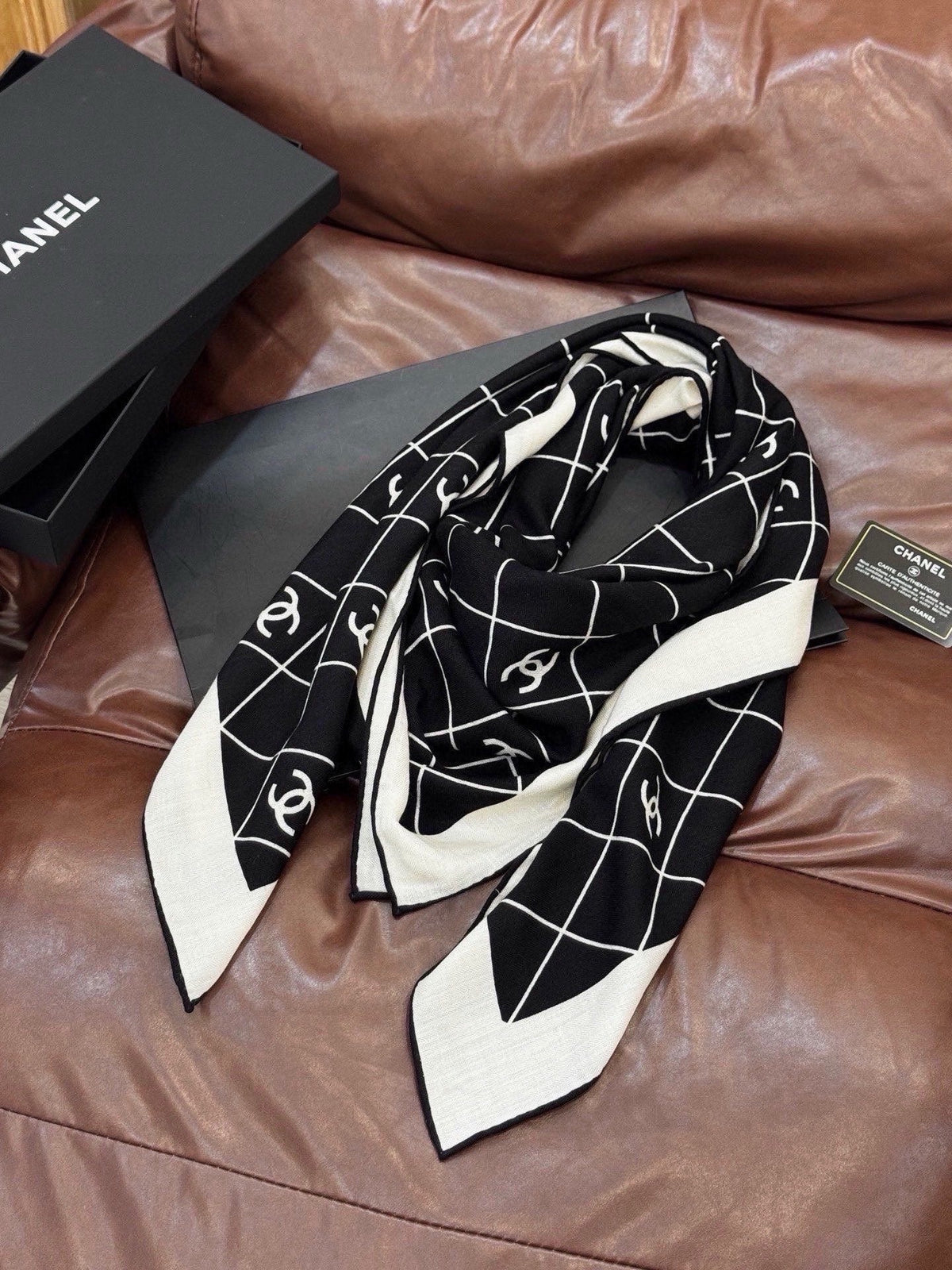 Chanel 2026 Diamond Pattern Scarf 140cm Black White Silk 214912