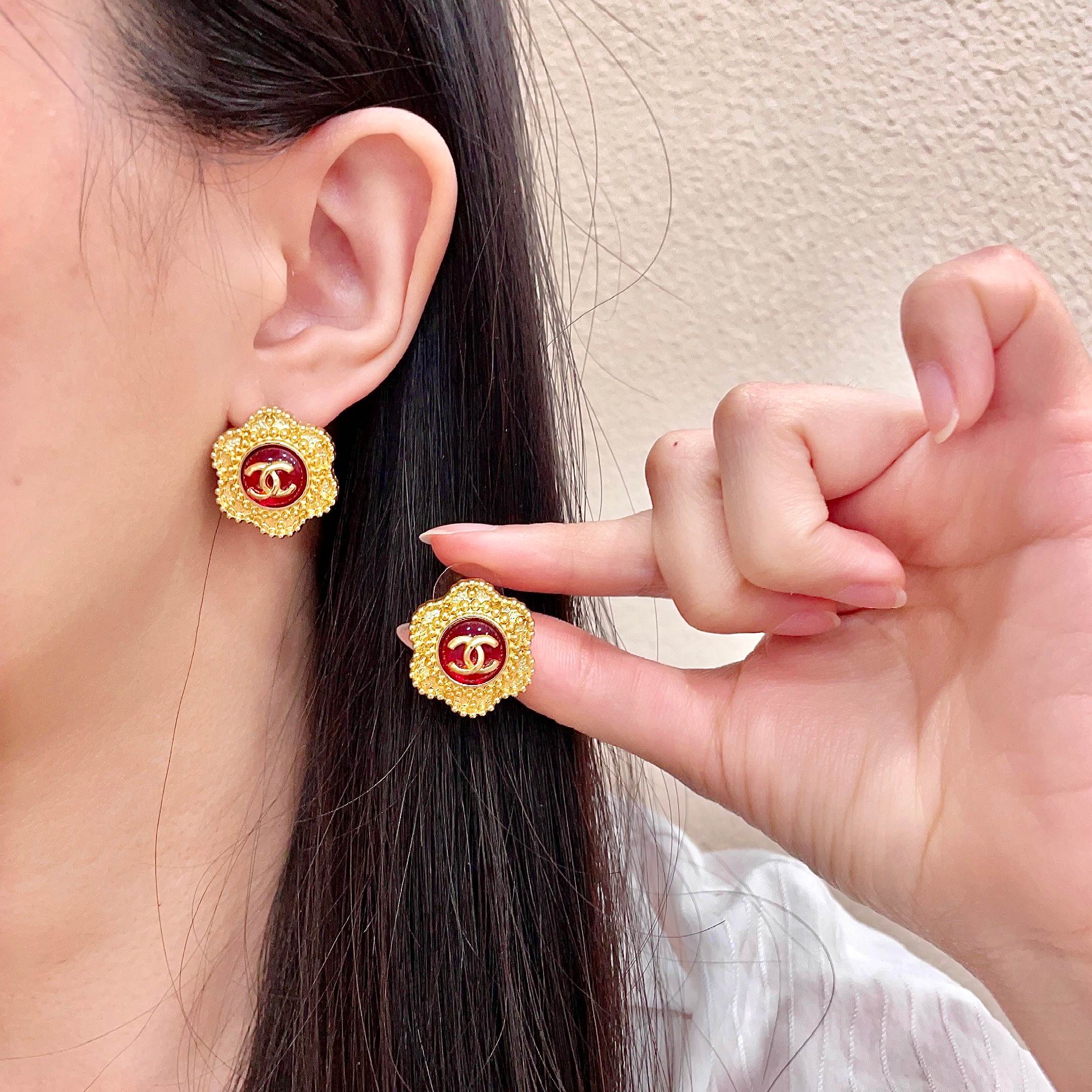 CC Flower Double C Red Gold Earrings