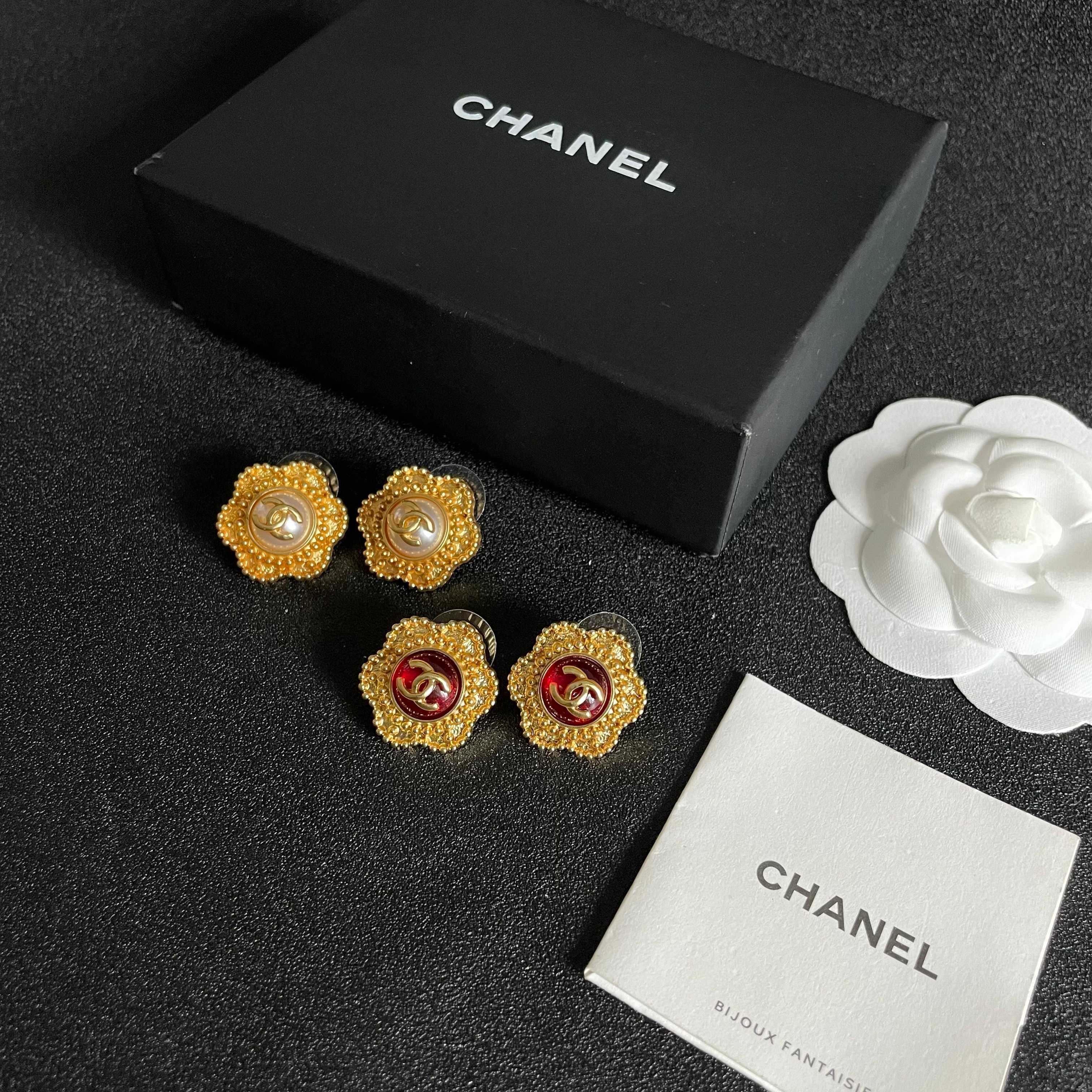 CC Flower Double C Red Gold Earrings