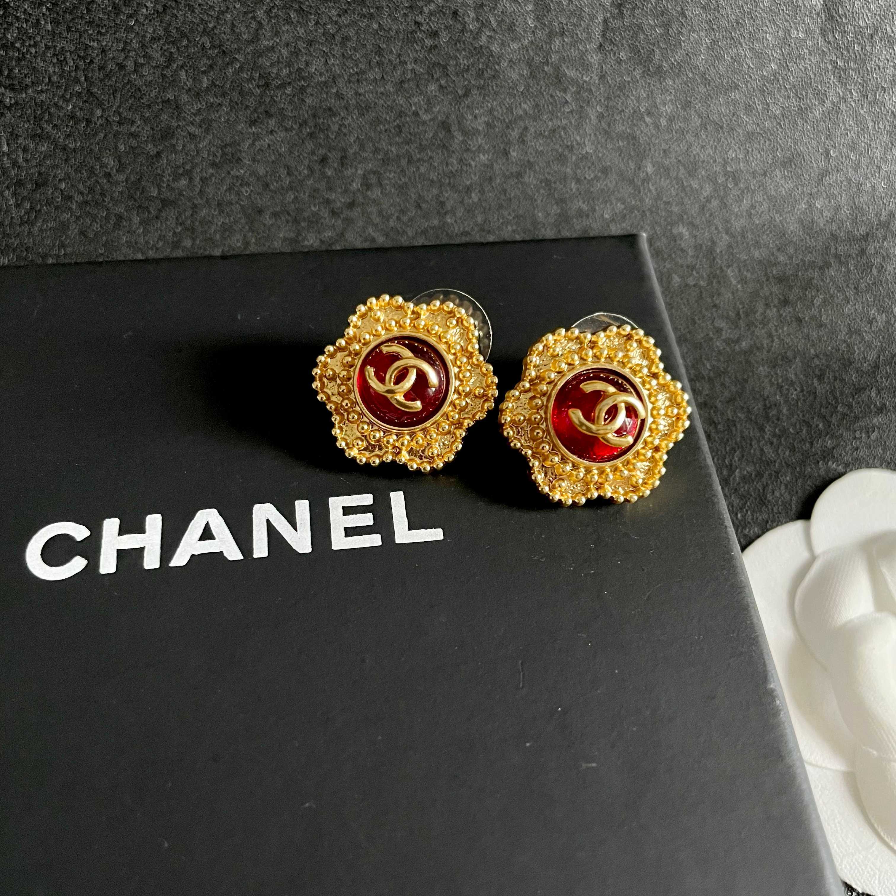 CC Flower Double C Red Gold Earrings