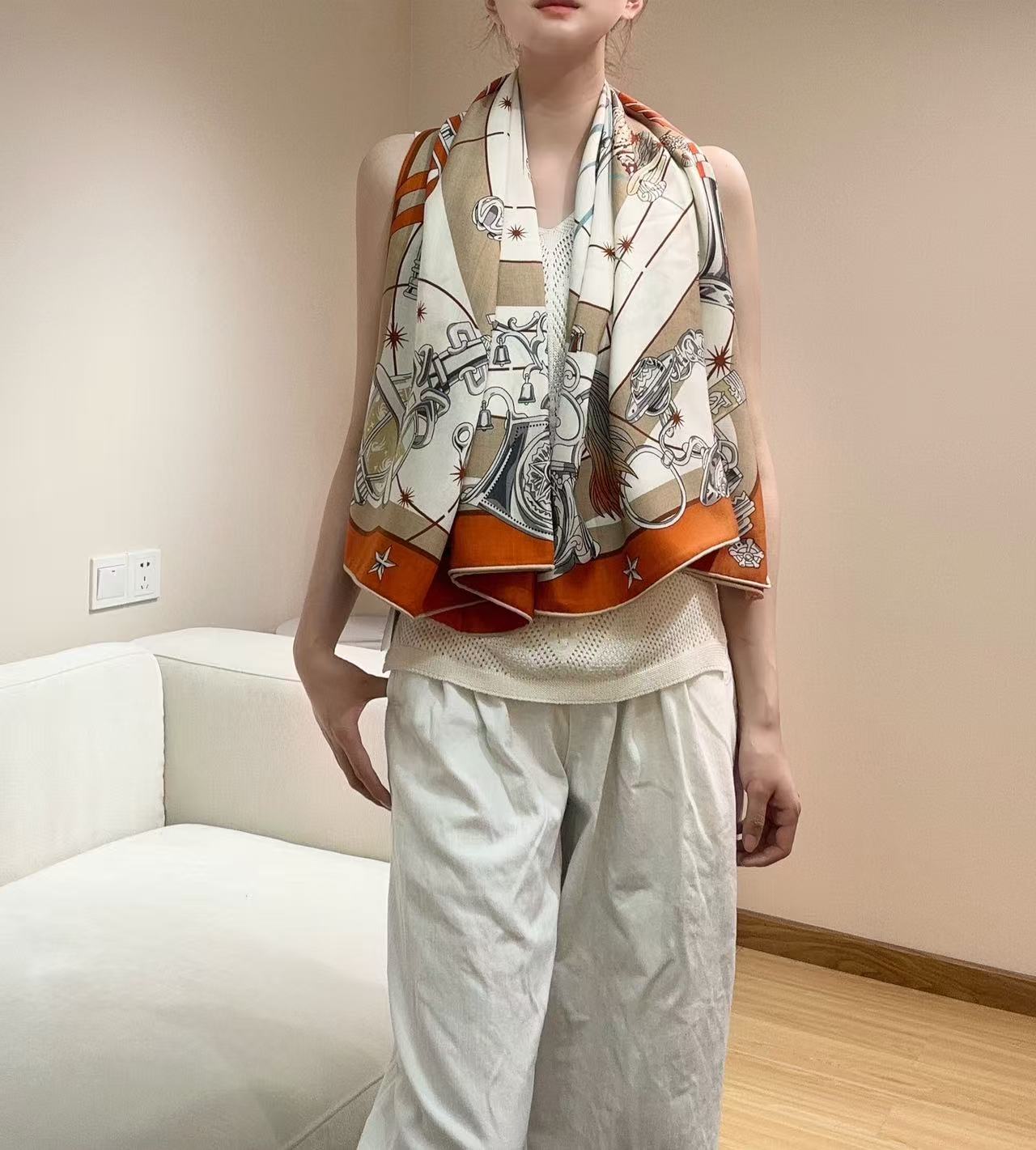 HM  Creative Origins Scarf 135CM Orange White Cashmere Silk 969436