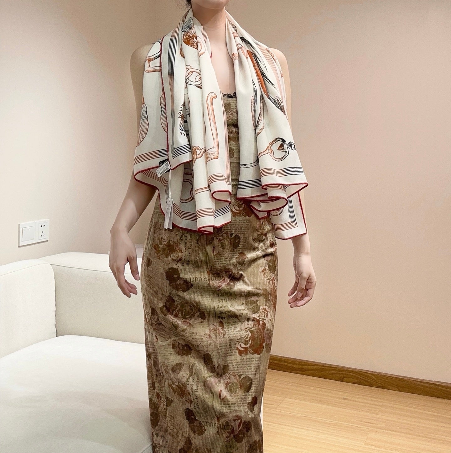 HM Reversible Shawl Scarf 135CM White Deep Red Cashmere Silk 969421