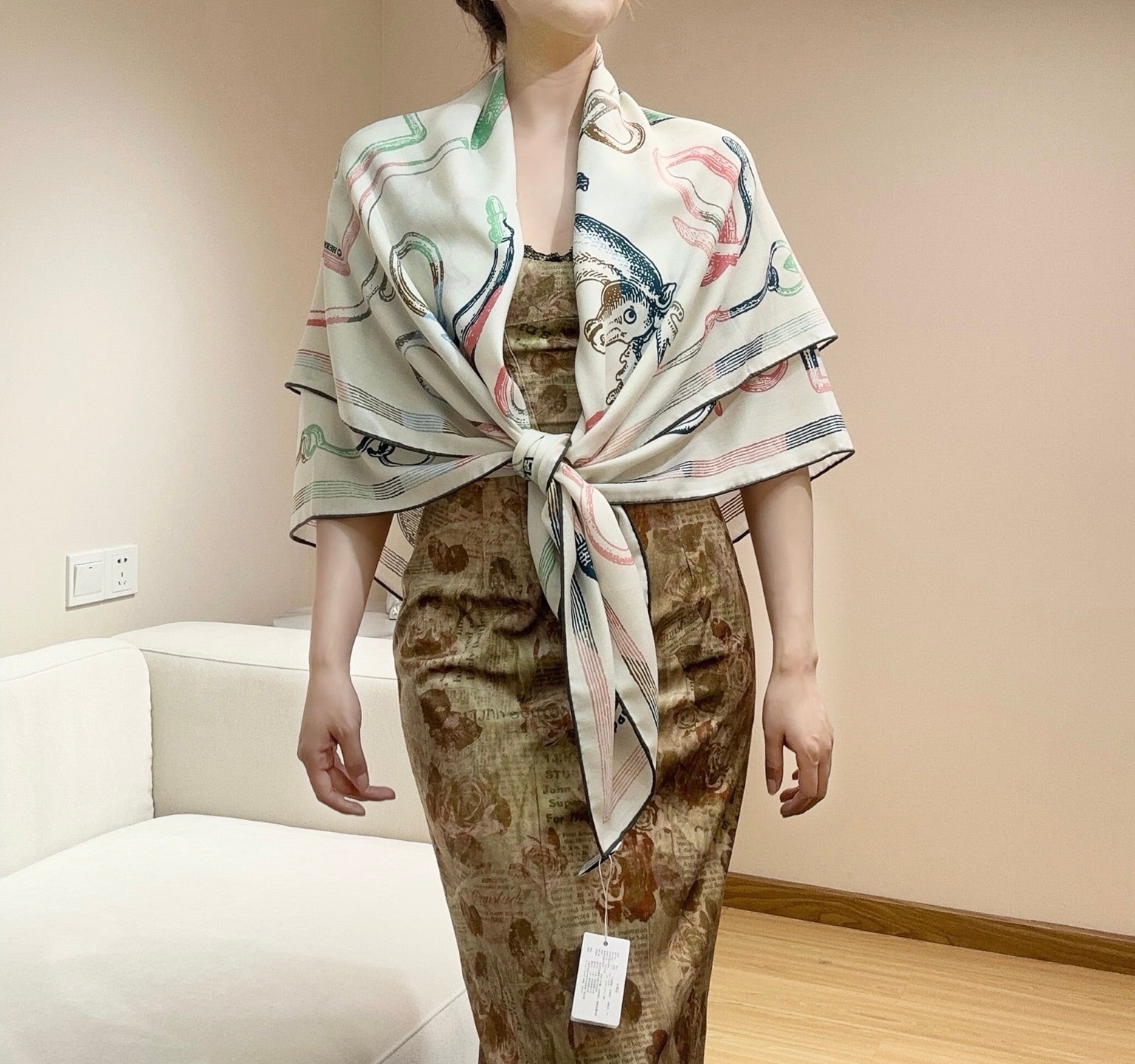 HM Reversible Shawl Scarf 135CM White Pink Cashmere Silk 969422