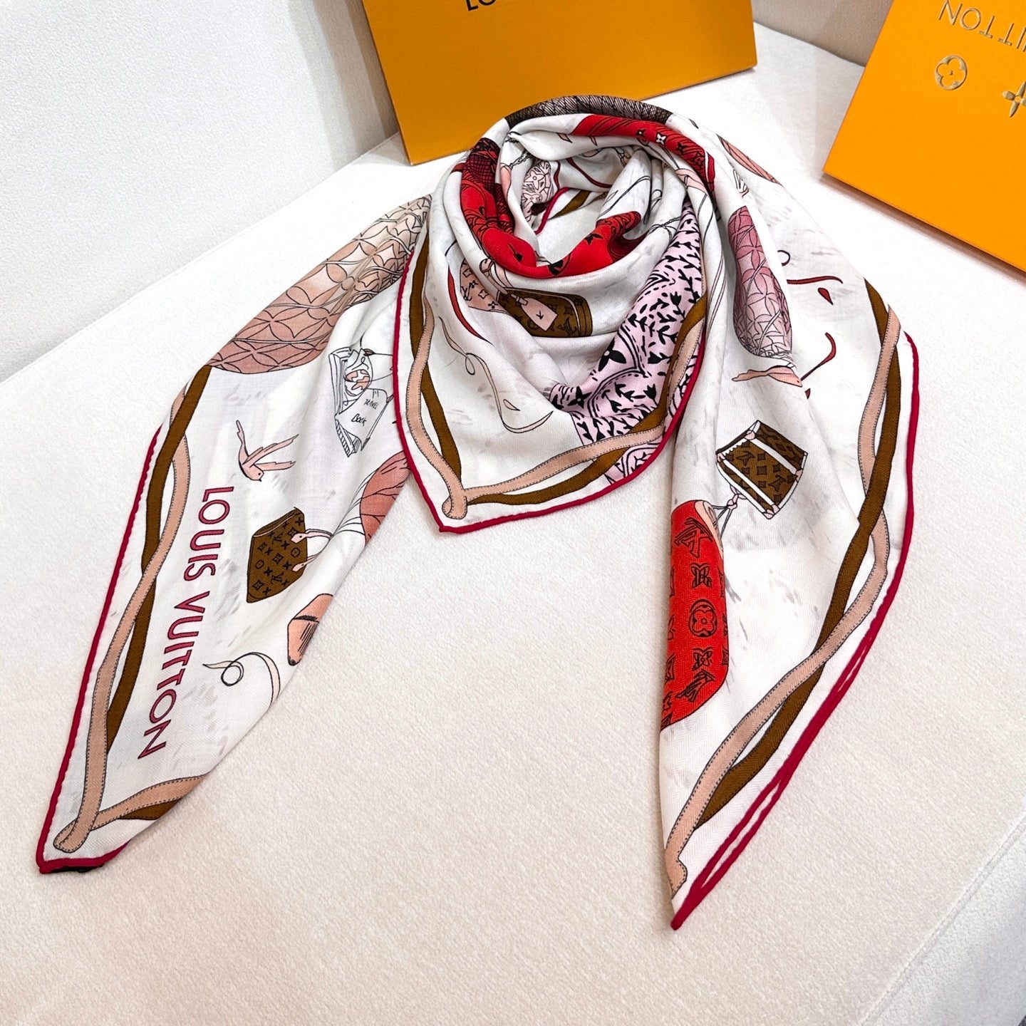 LV urkish Hot Air Balloon Scarf 140cm Red Colorful Cashmere 971099