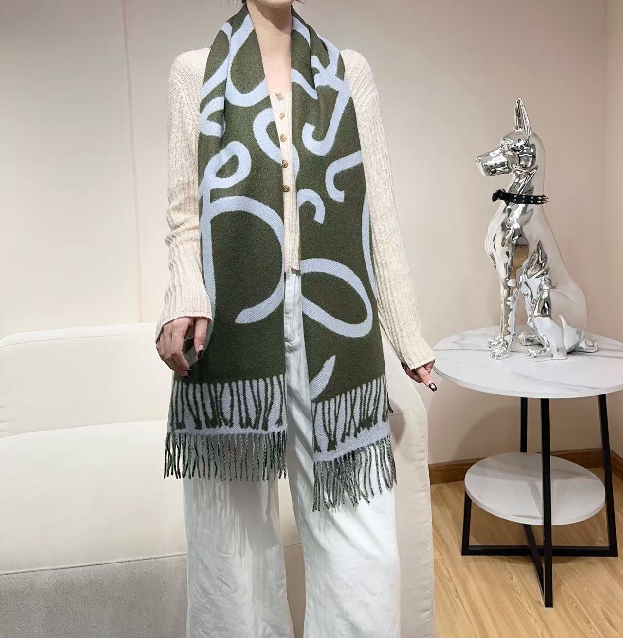 Loewe Scarf 180CM Green Baby Blue Cashmere 962790