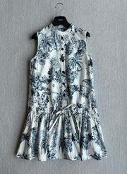 CD 25 Painting Waist Sleeveless Dress White Blue Cotton Polyester