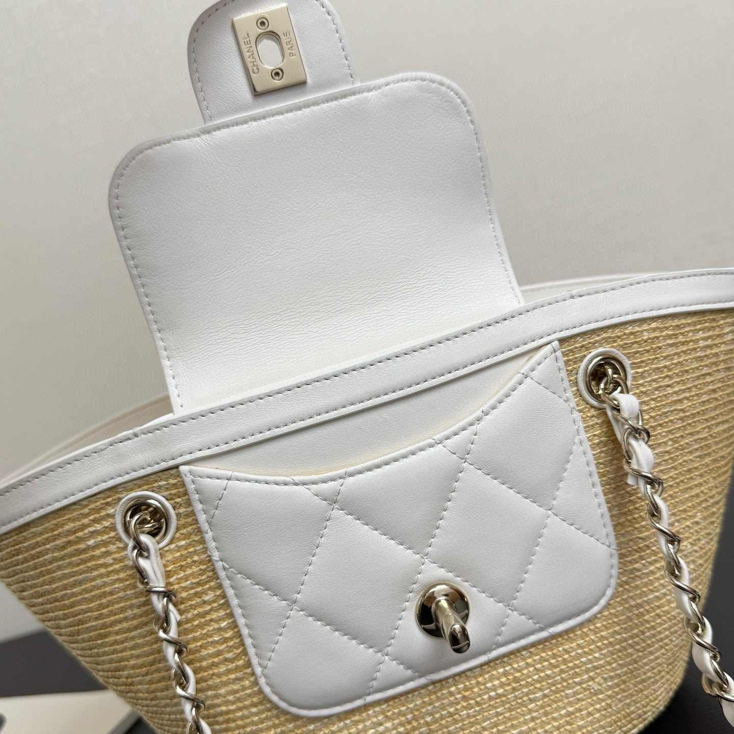 Chanel 2026 Shopping Bag 34cm Beige White Straw Lambskin