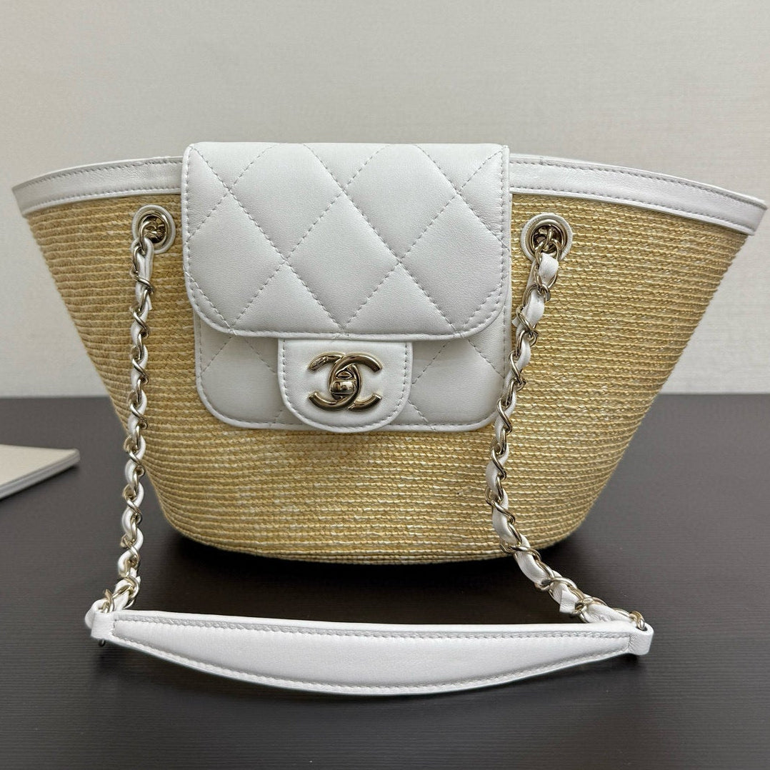 Chanel 2026 Shopping Bag 34cm Beige White Straw Lambskin