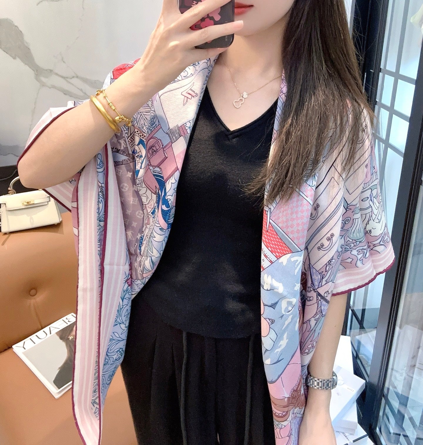 LV Monogram Scarf 135cm Purple Blue Silk Cashmere 967278