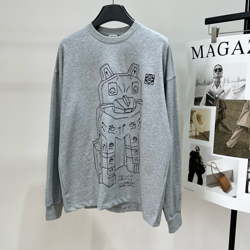 Loewe 2025 Cat-Themed Crew Neck Long-Sleeve T-Shirt Gray Cotton 327180