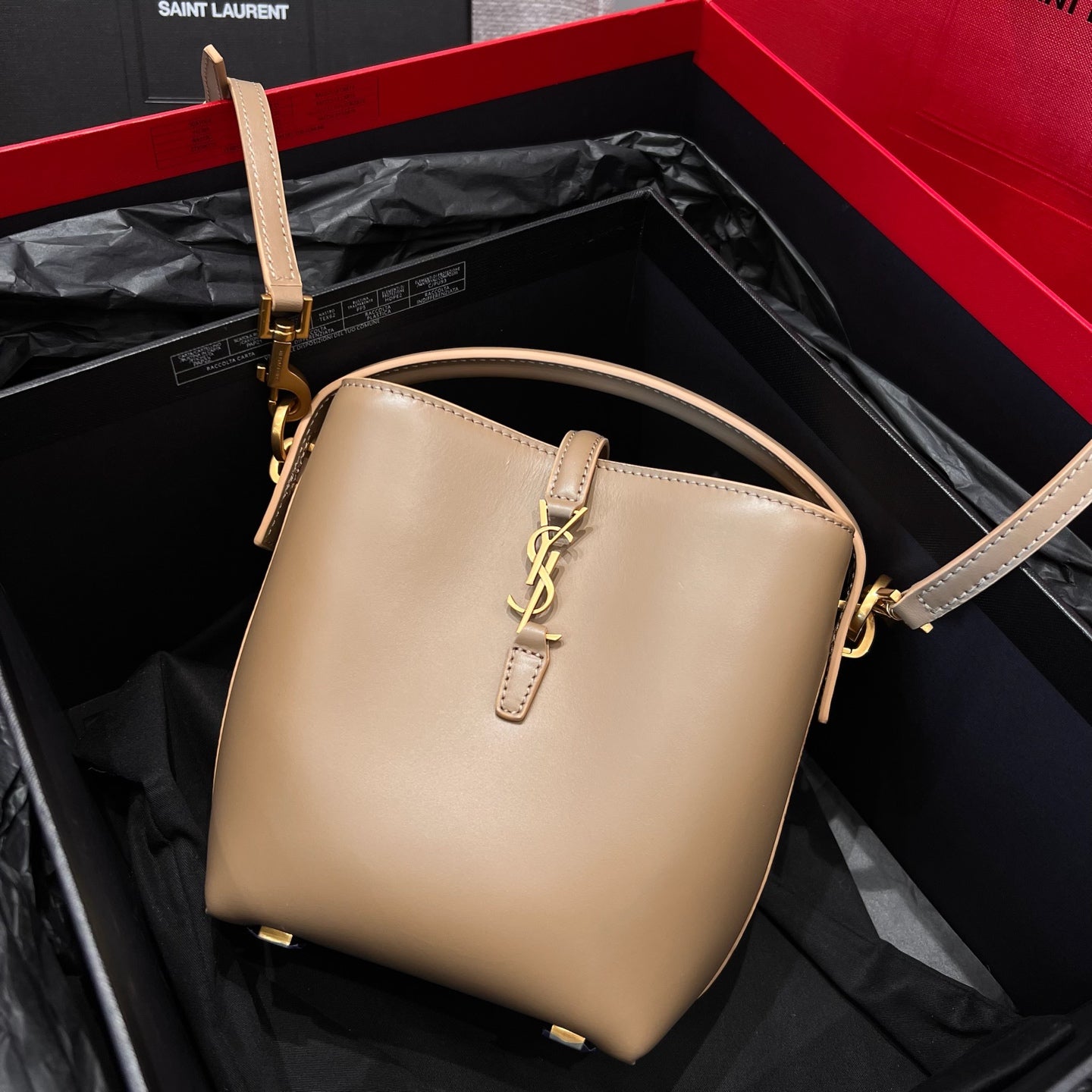 YSL Mini Bucket Bag 15 Taupe Calfskin Leather