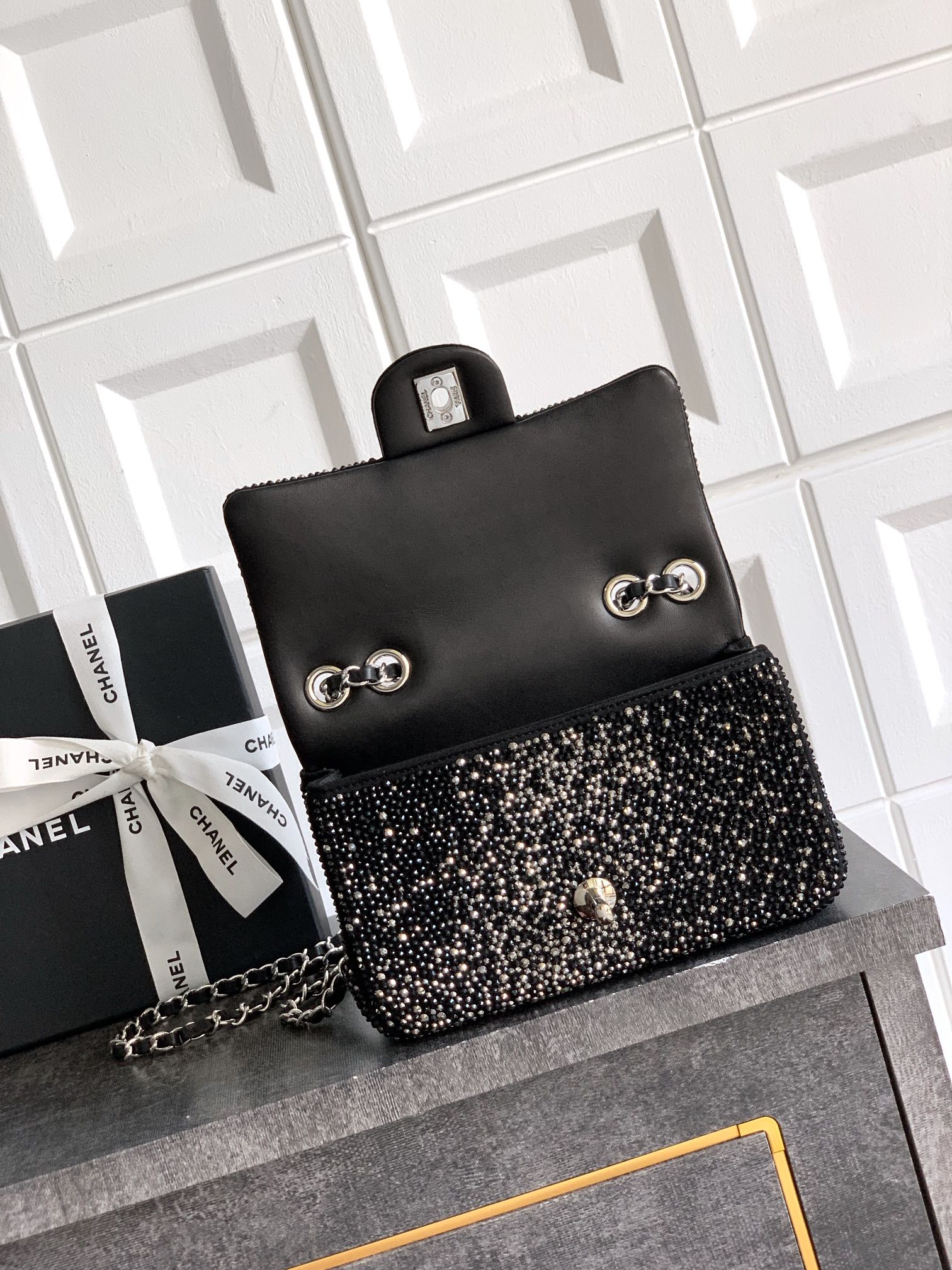 CC Classic Flap Bag  full diamond black calfskin