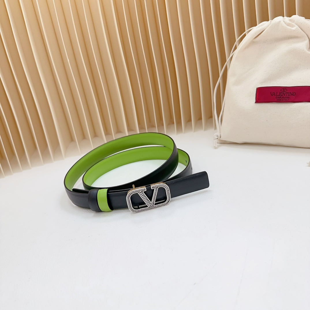 Vlogo Buckle Water Wave Silver Copper Glossy Green Black Leather 20mm Belt