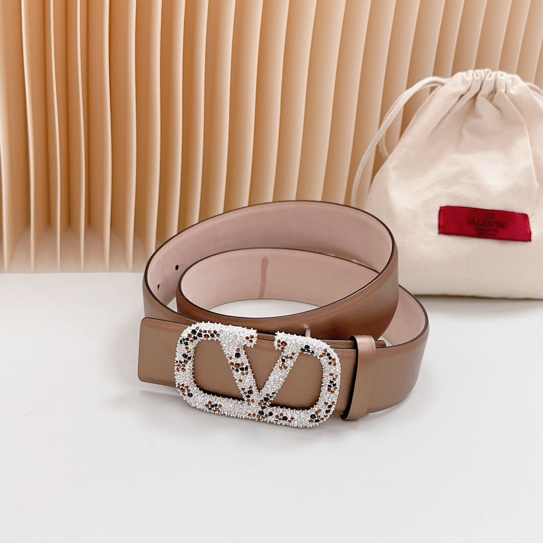 Vlogo Brown Black White Stone Silver Buckle Belt 40mm Brown Light Pink Leather