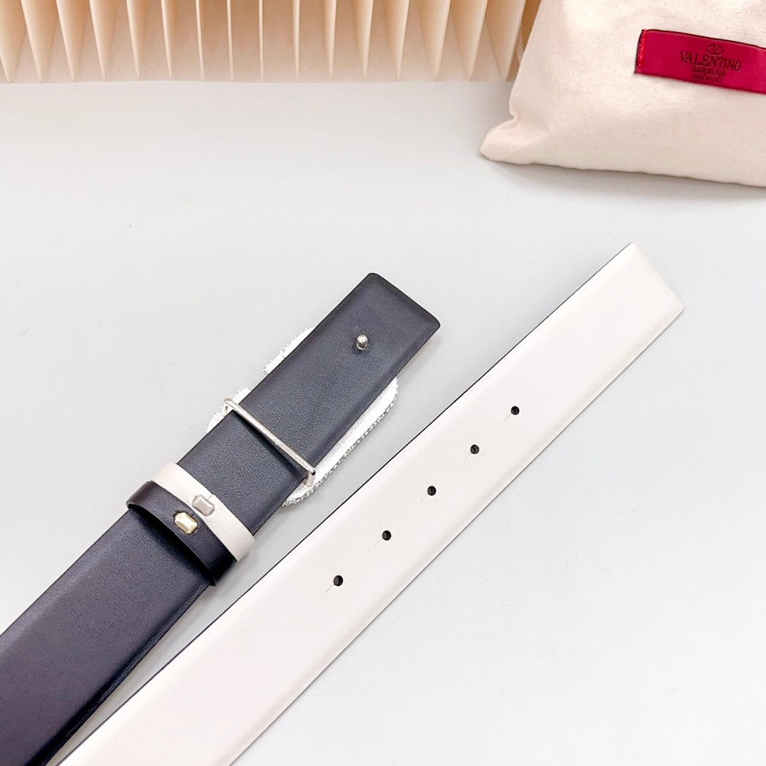 Vlogo Brown Black White Stone Silver Buckle Belt 40mm Black White Leather
