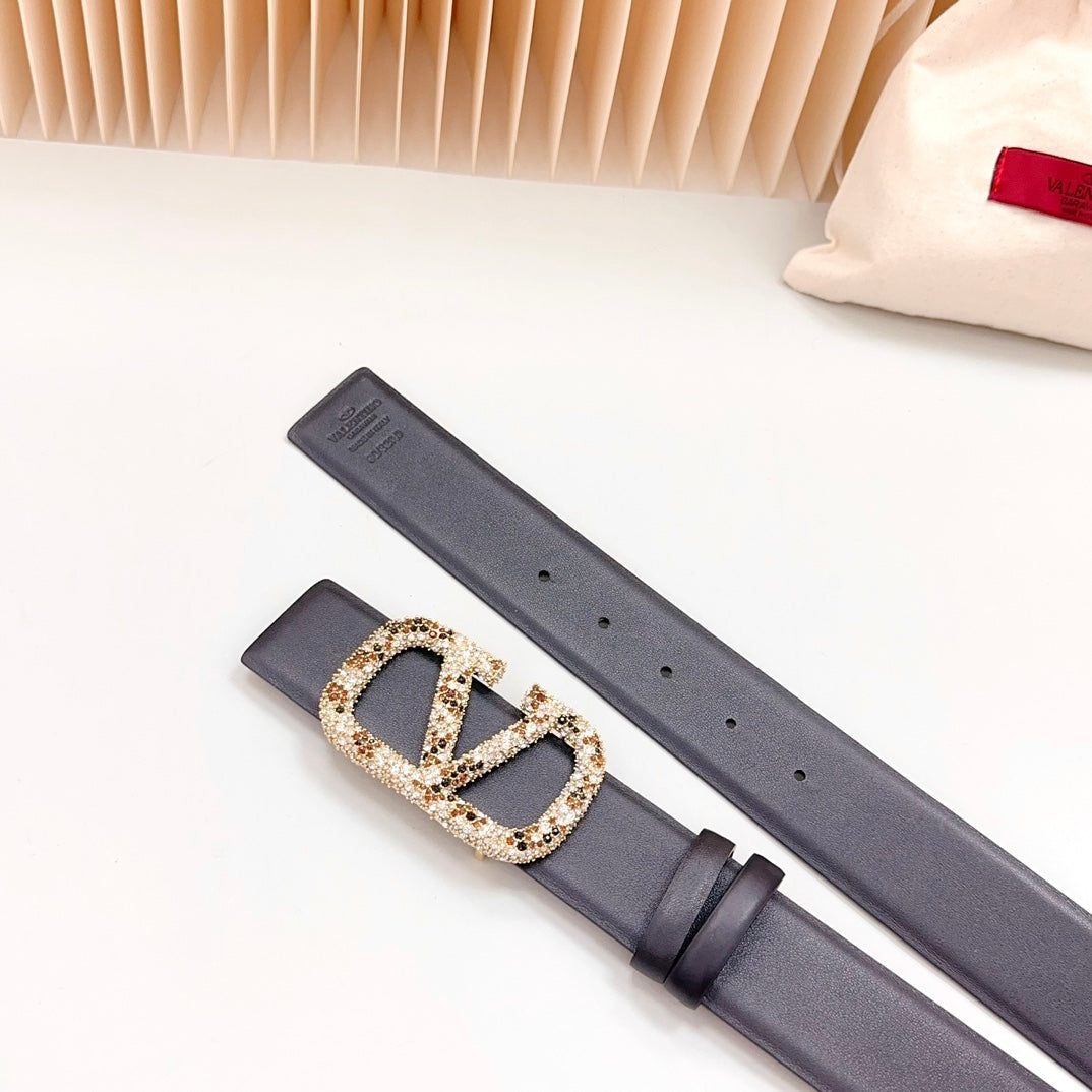 Vlogo Brown Black White Stone Gold Buckle Belt 40mm Black Leather