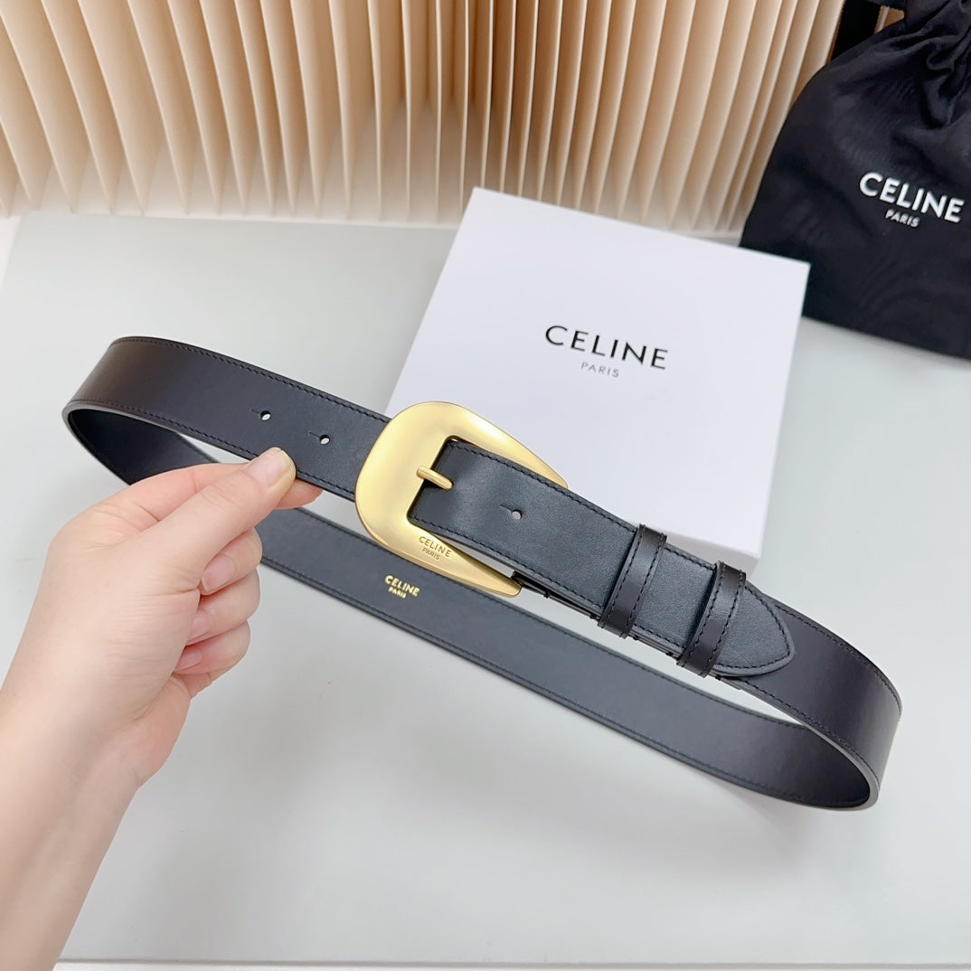 LARGE WESTERN 35 MM BELT BLACK CALFSKIN GOLD HARDWARE