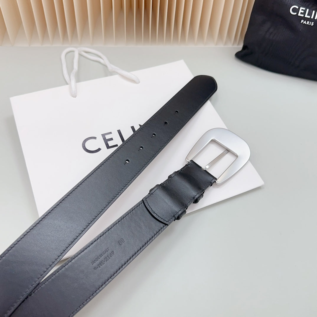 LARGE WESTERN 35 MM BELT BLACK CALFSKIN SILVER HARDWARE