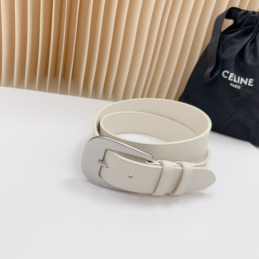 LARGE WESTERN 35 MM BELT WHITE CALFSKIN SILVER HARDWARE