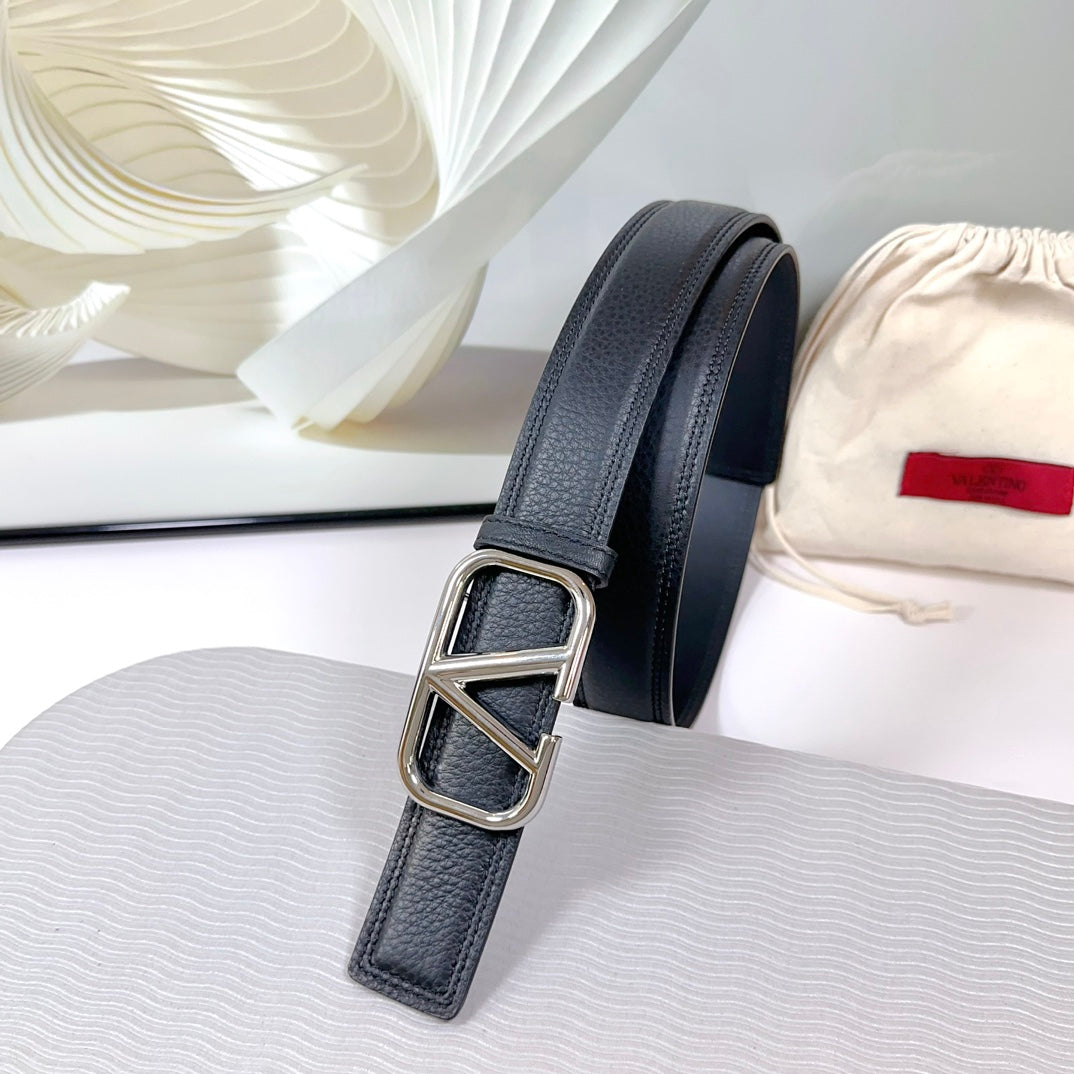 Vlogo Belt 34mm Black Calfskin Silver Buckle